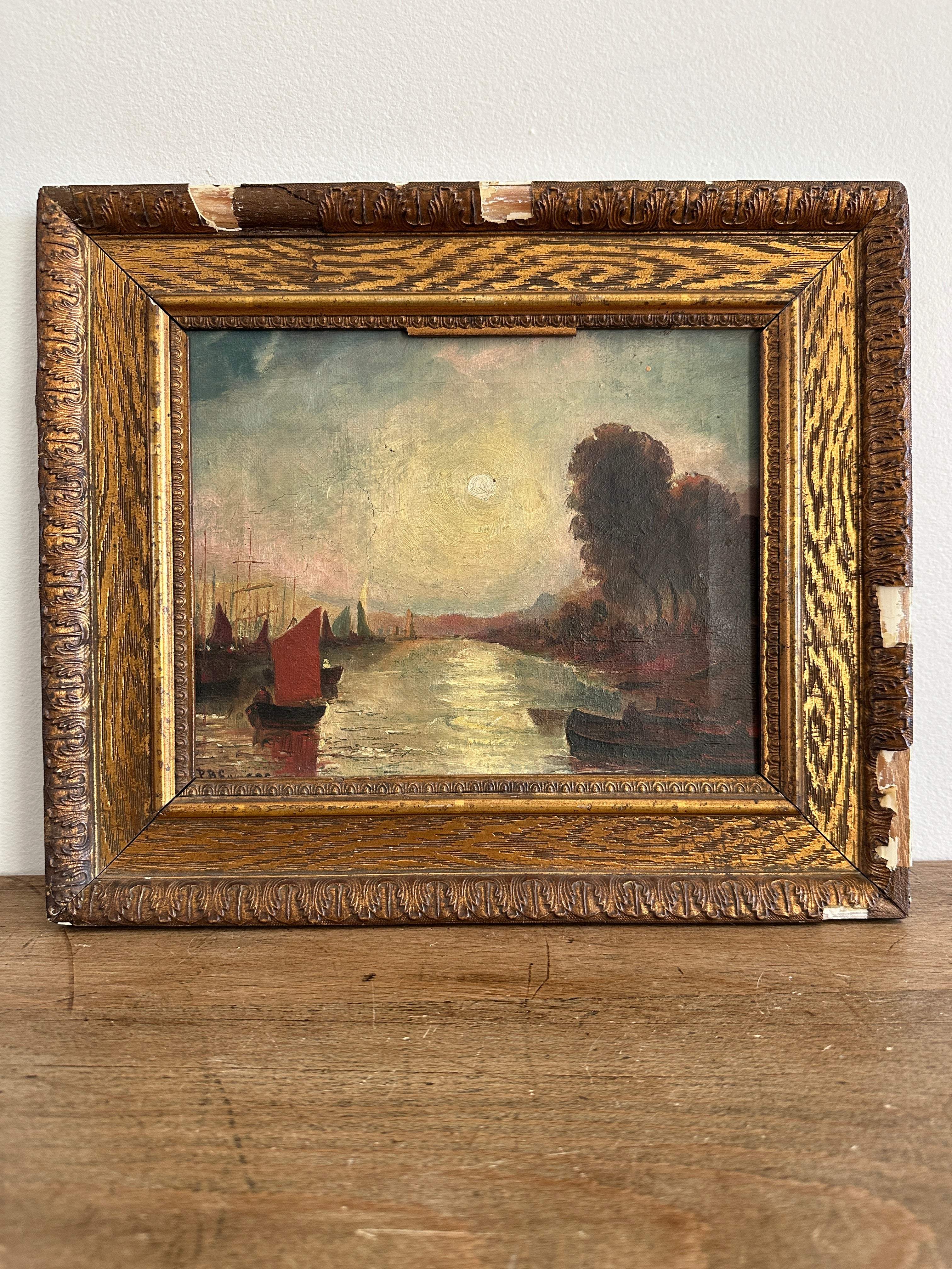 Oil on canvas, boats in a bay