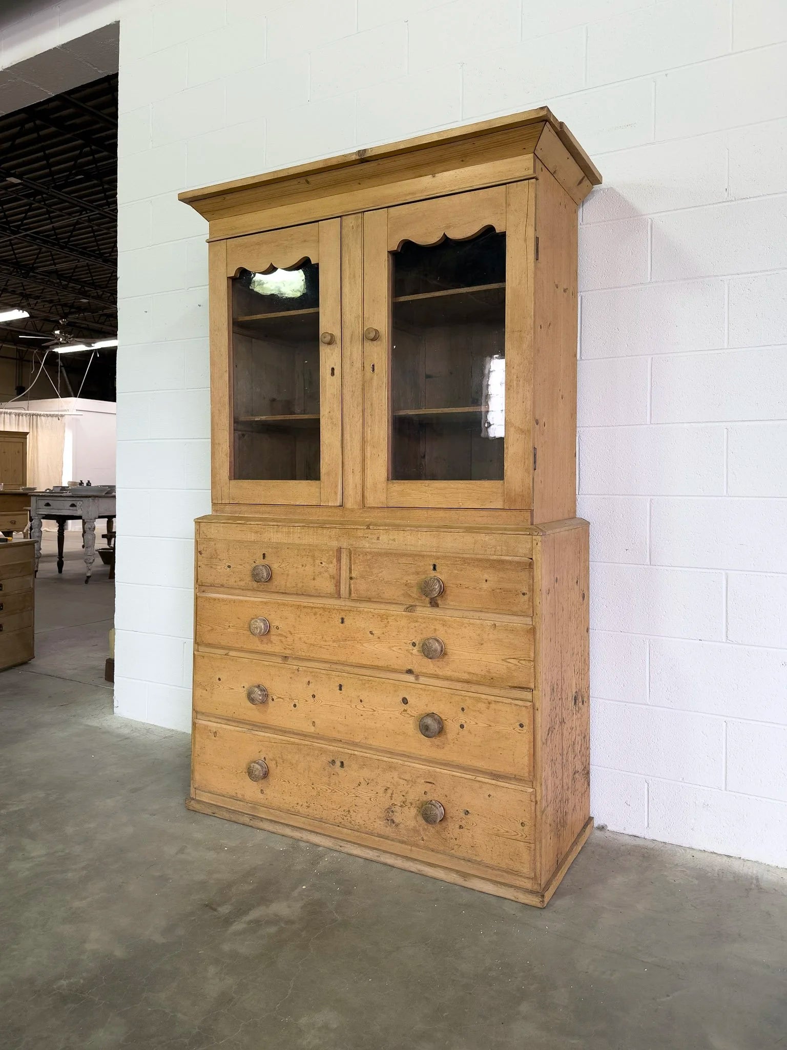European Antique Pine Hutch - Vintage Storage Cabinet