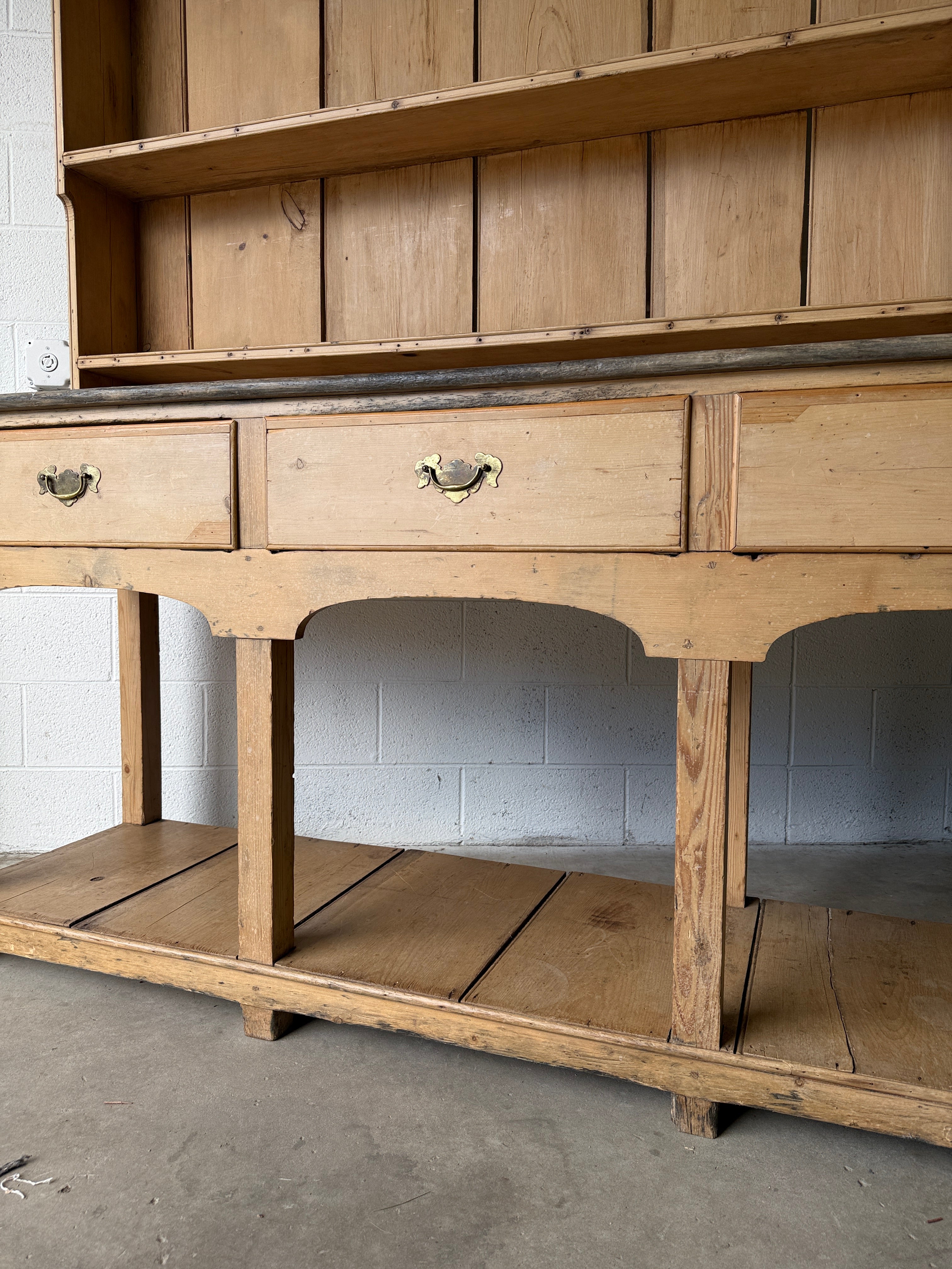 Antique Pine Potboard Kitchen Dresser Hutch – 10.7 ft English Country Cupboard with Drawers