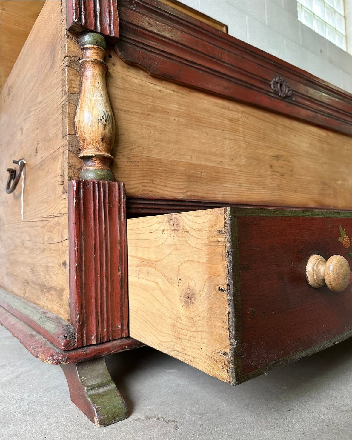 European pine blanket box with folk-painted drawer