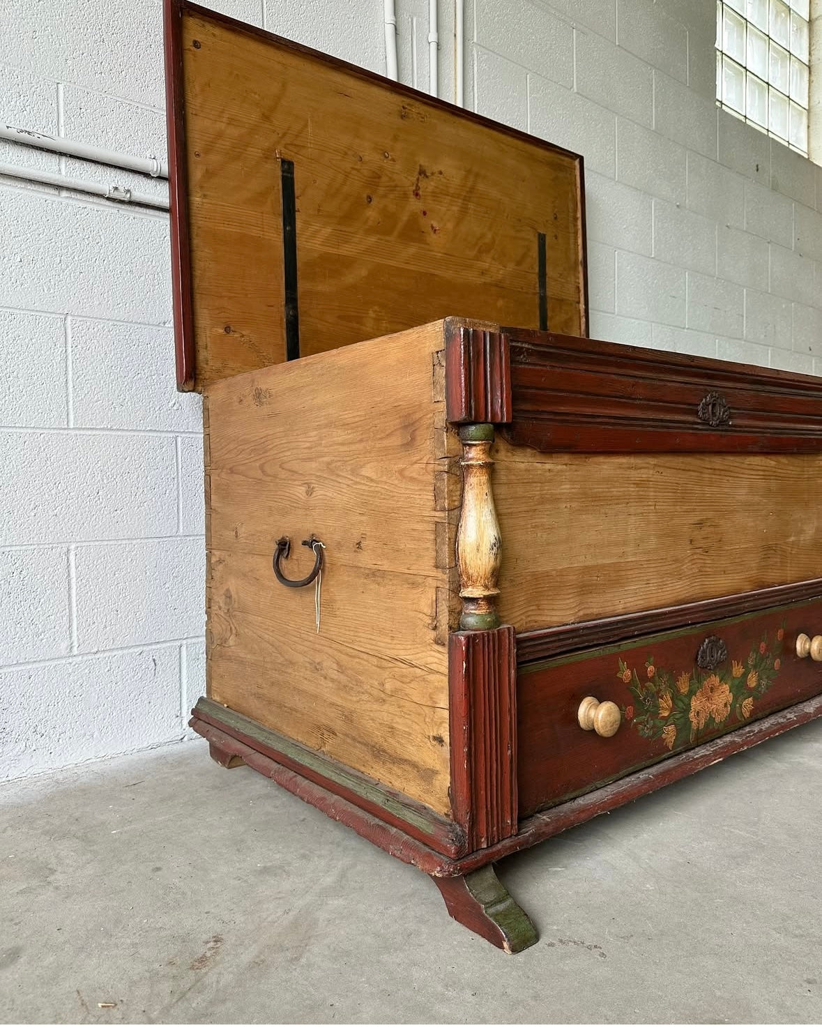 European pine blanket box with folk-painted drawer