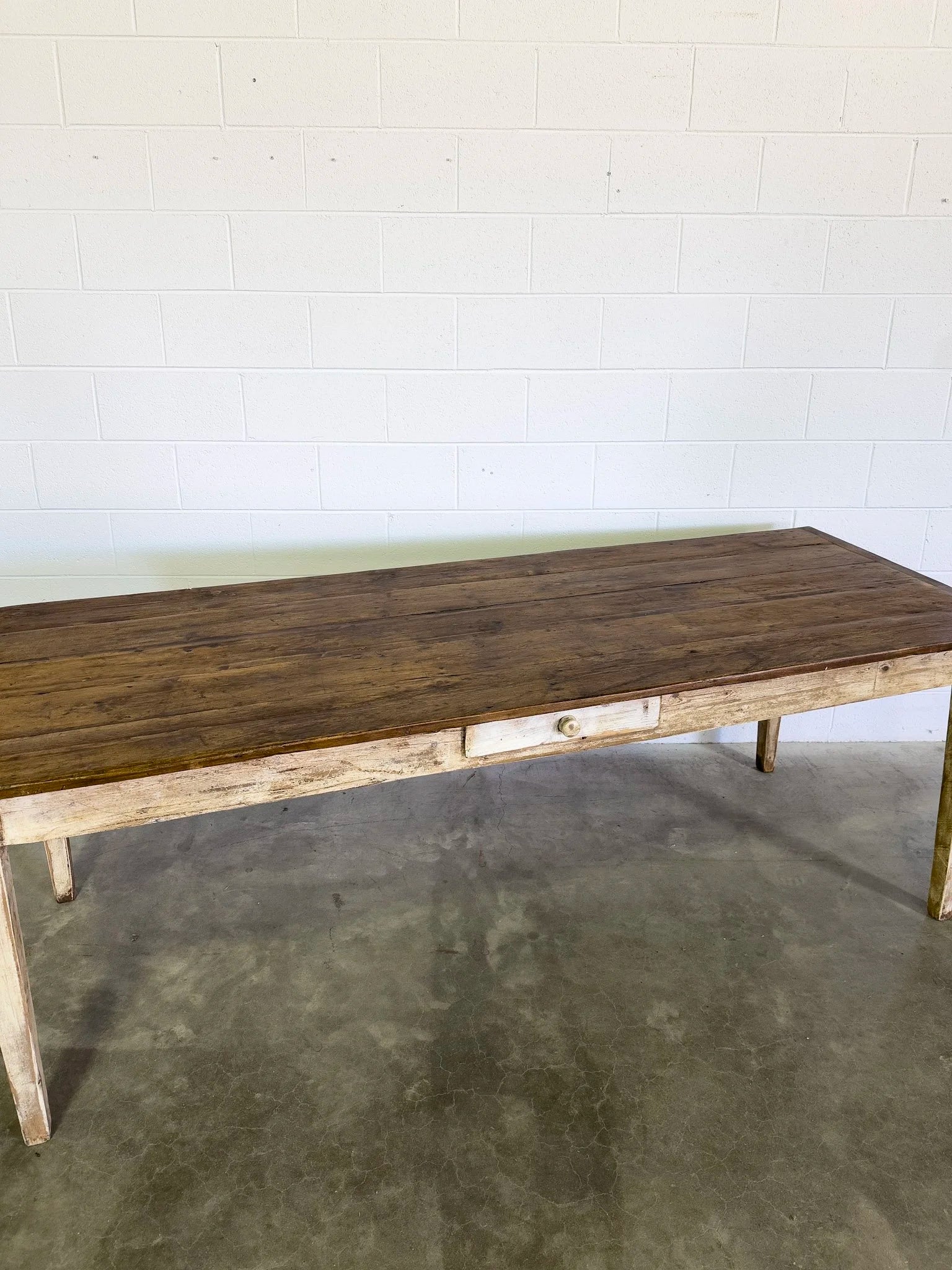 Antique French Dining Table - Rustic Pine Farmhouse Table with Drawer