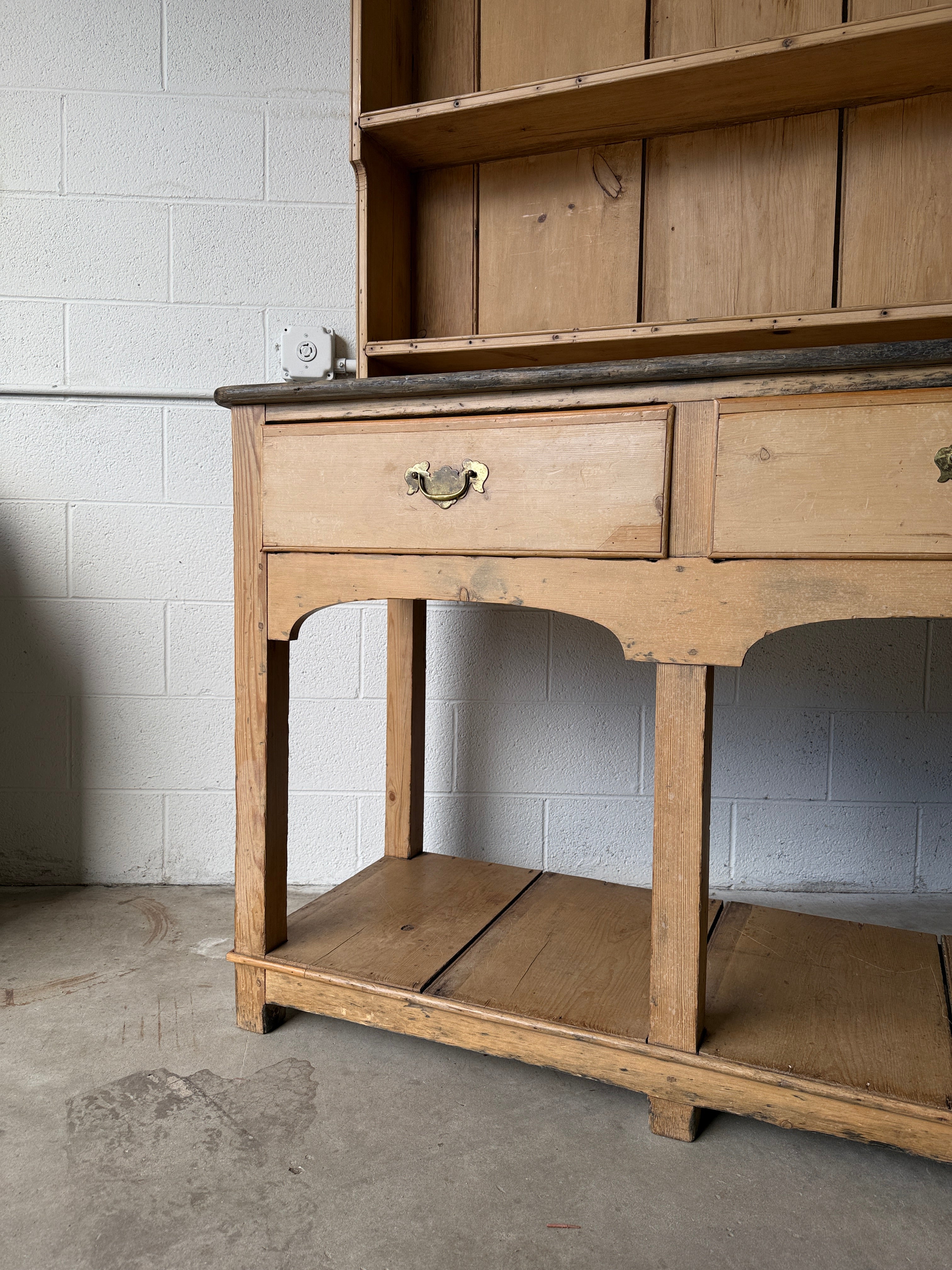 Antique Pine Potboard Kitchen Dresser Hutch – 10.7 ft English Country Cupboard with Drawers