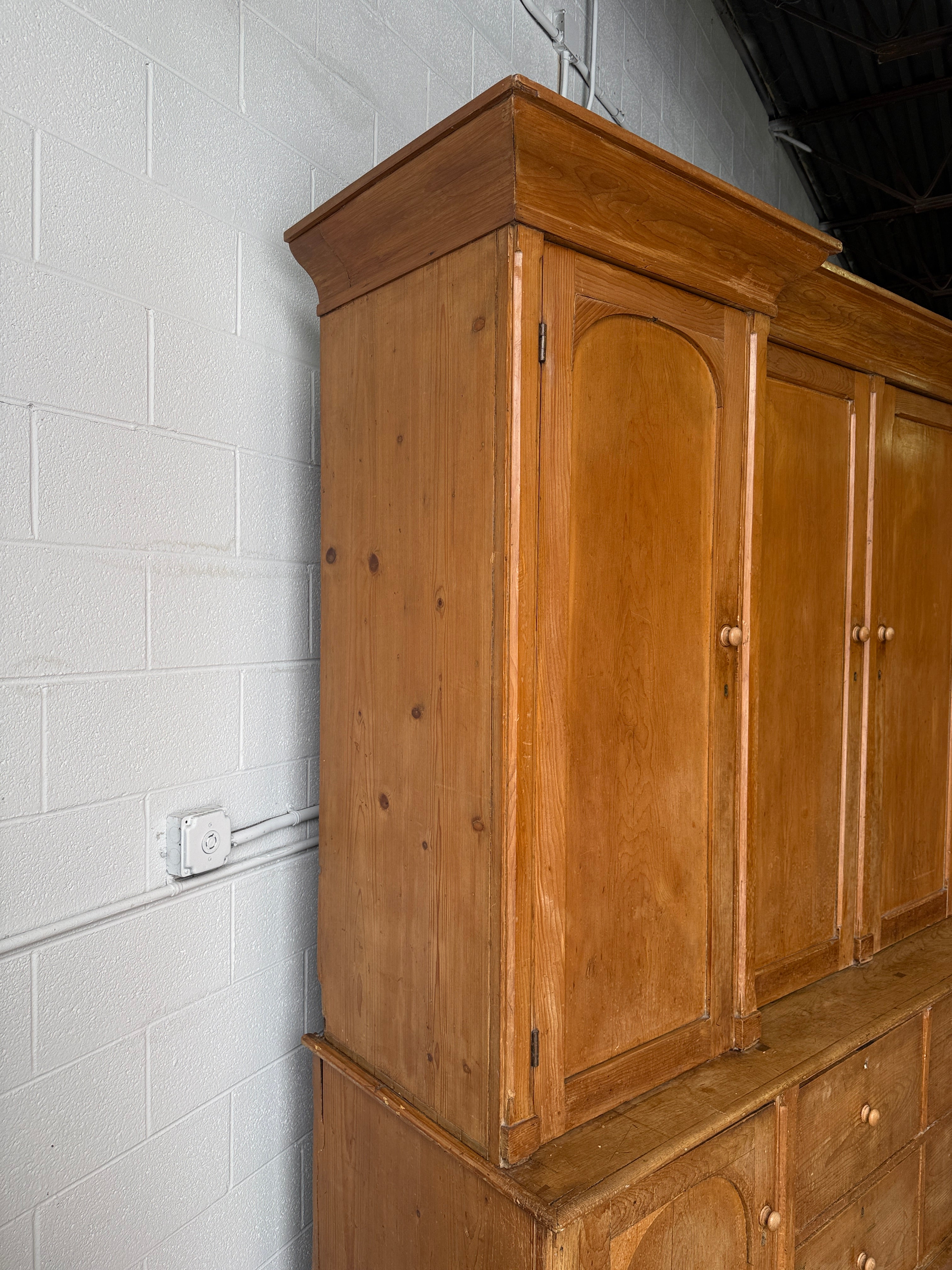 Monumental English antique pine housekeepers cupboard