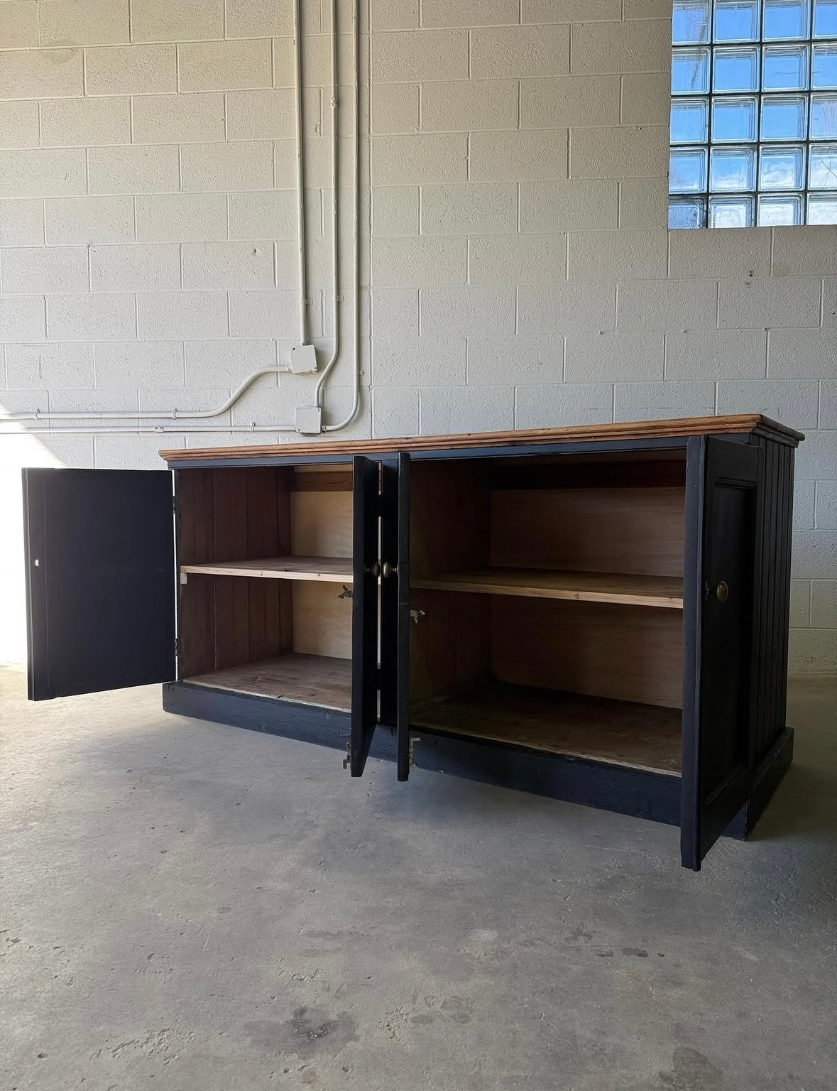 Painted black antique pine sideboard with natural pine top