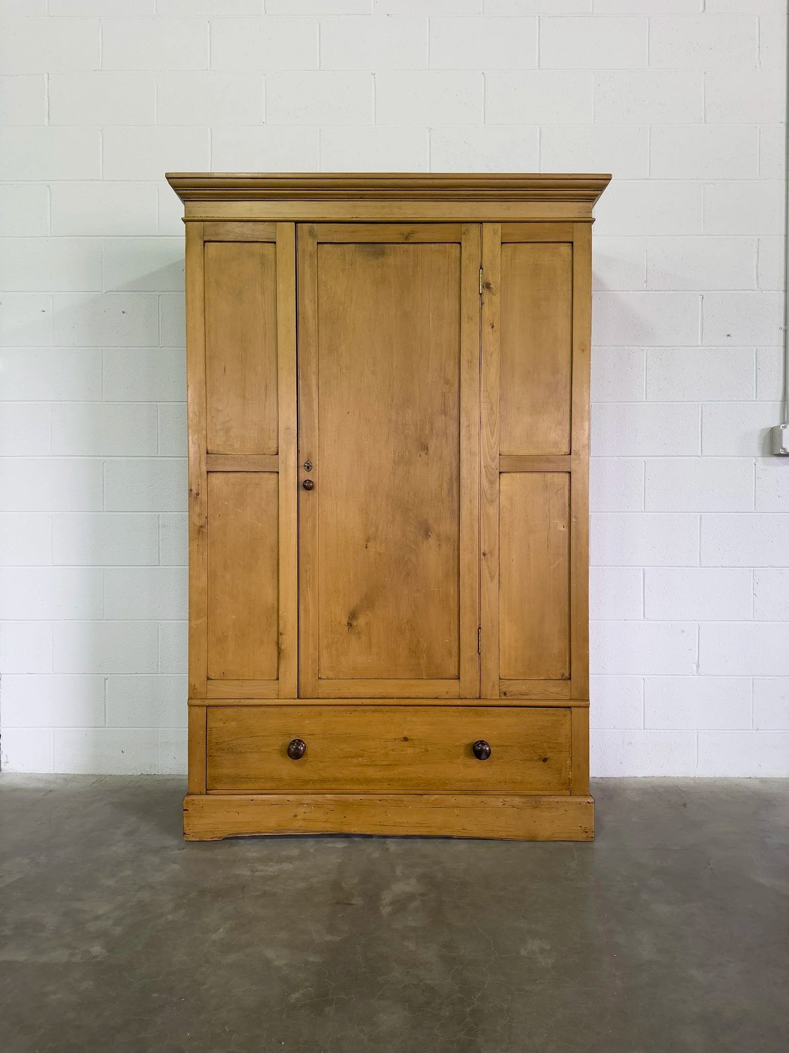 English Antique Pine Wardrobe with Drawer