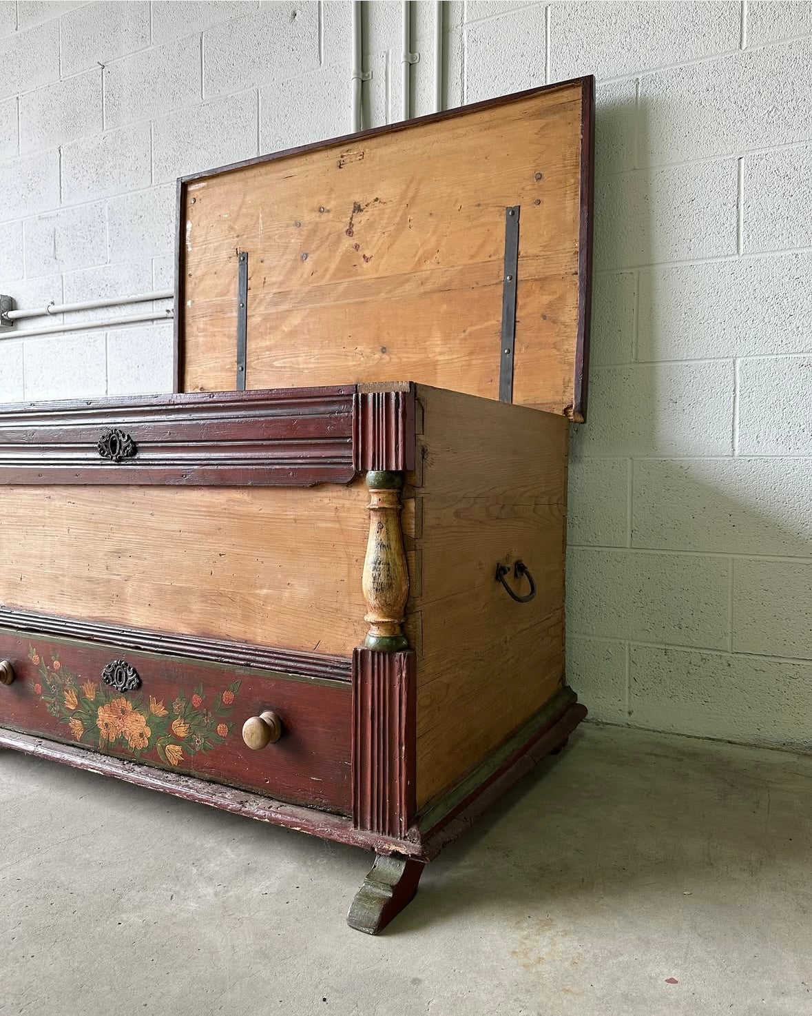 European pine blanket box with folk-painted drawer