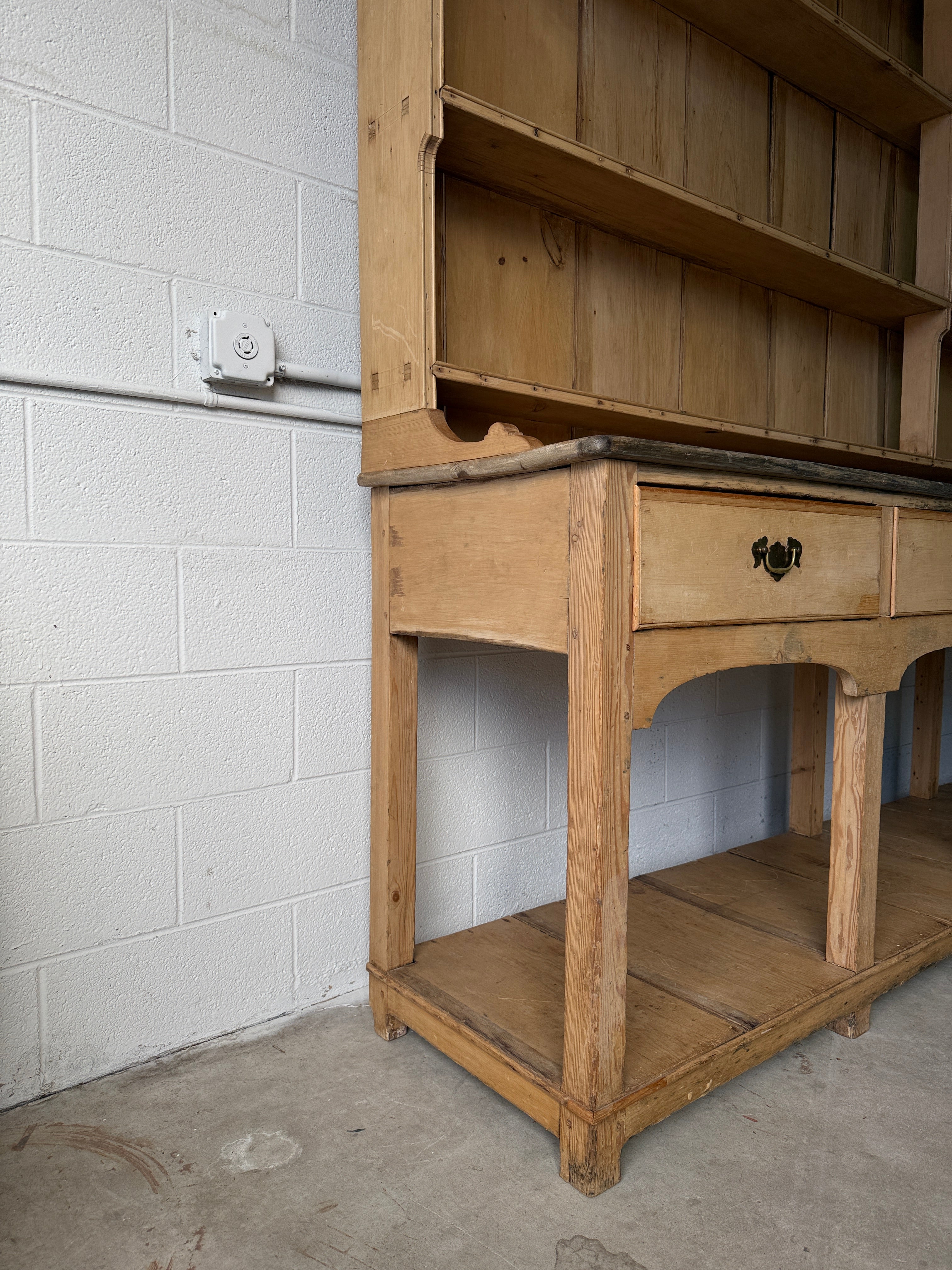 Antique Pine Potboard Kitchen Dresser Hutch – 10.7 ft English Country Cupboard with Drawers