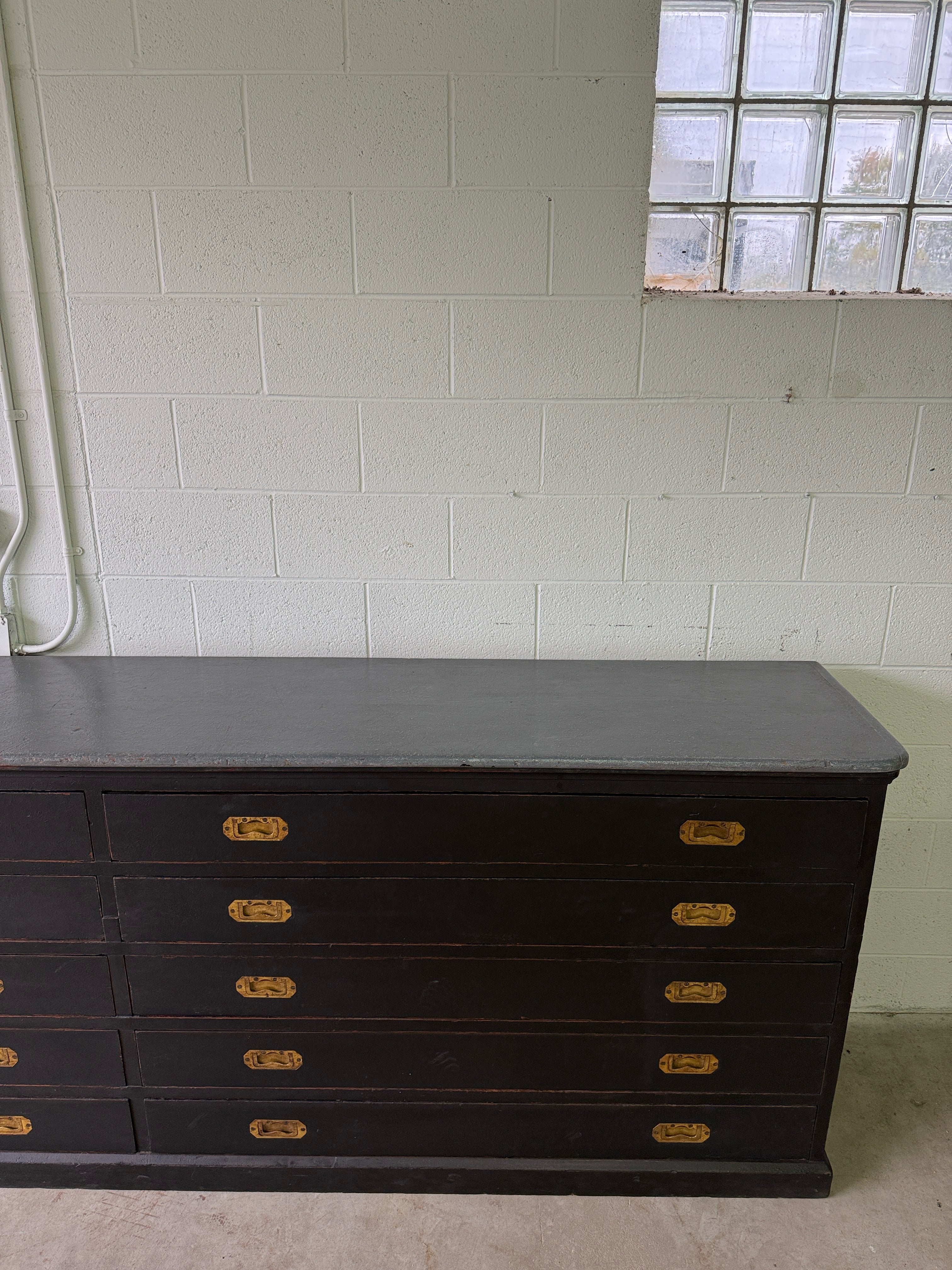 Monumental antique bank of 10 drawers with brass campaign handles