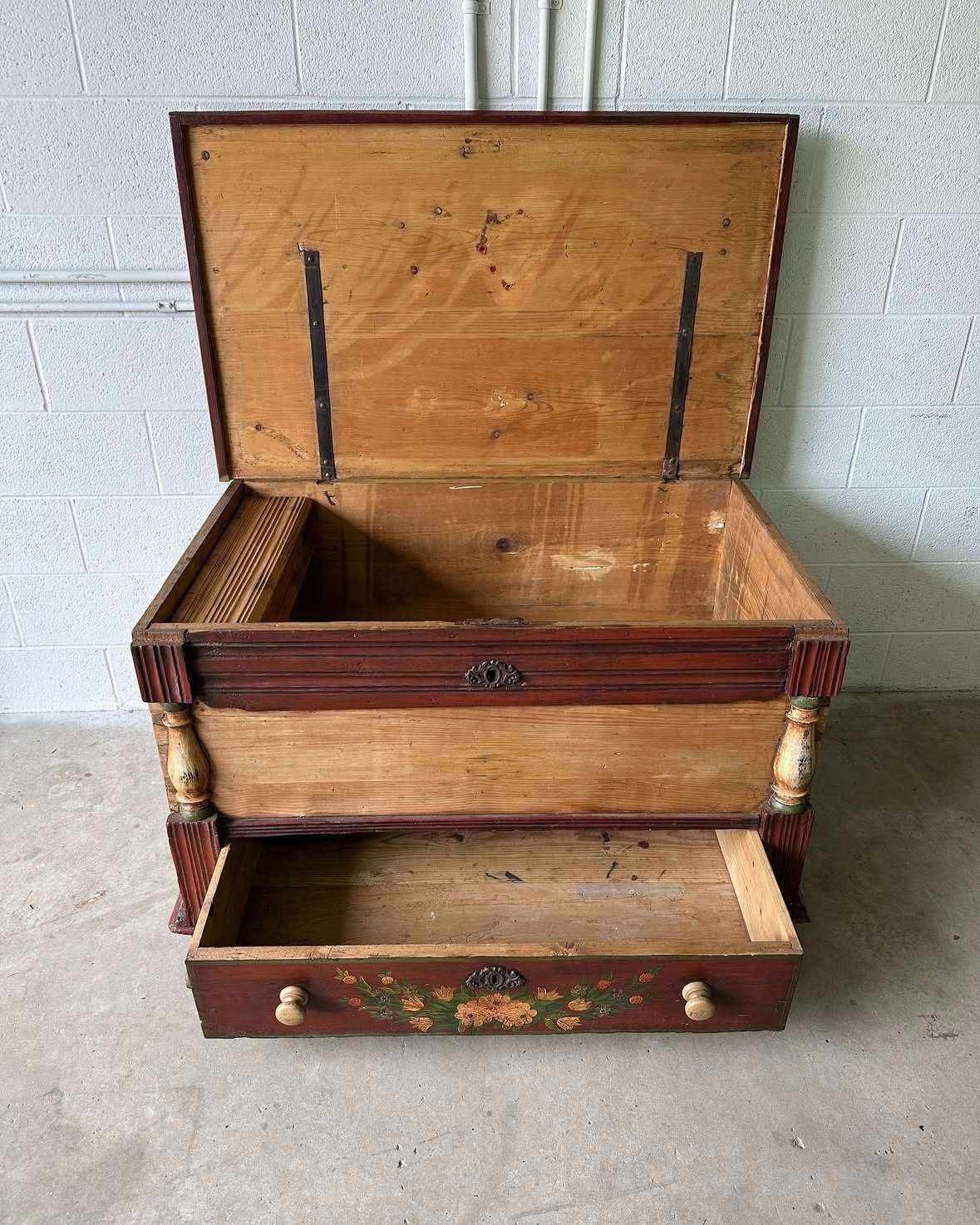 European pine blanket box with folk-painted drawer