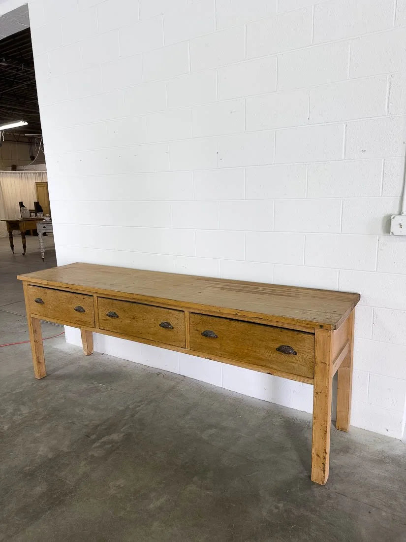 8’ antique pine sideboard or buffet with three drawers