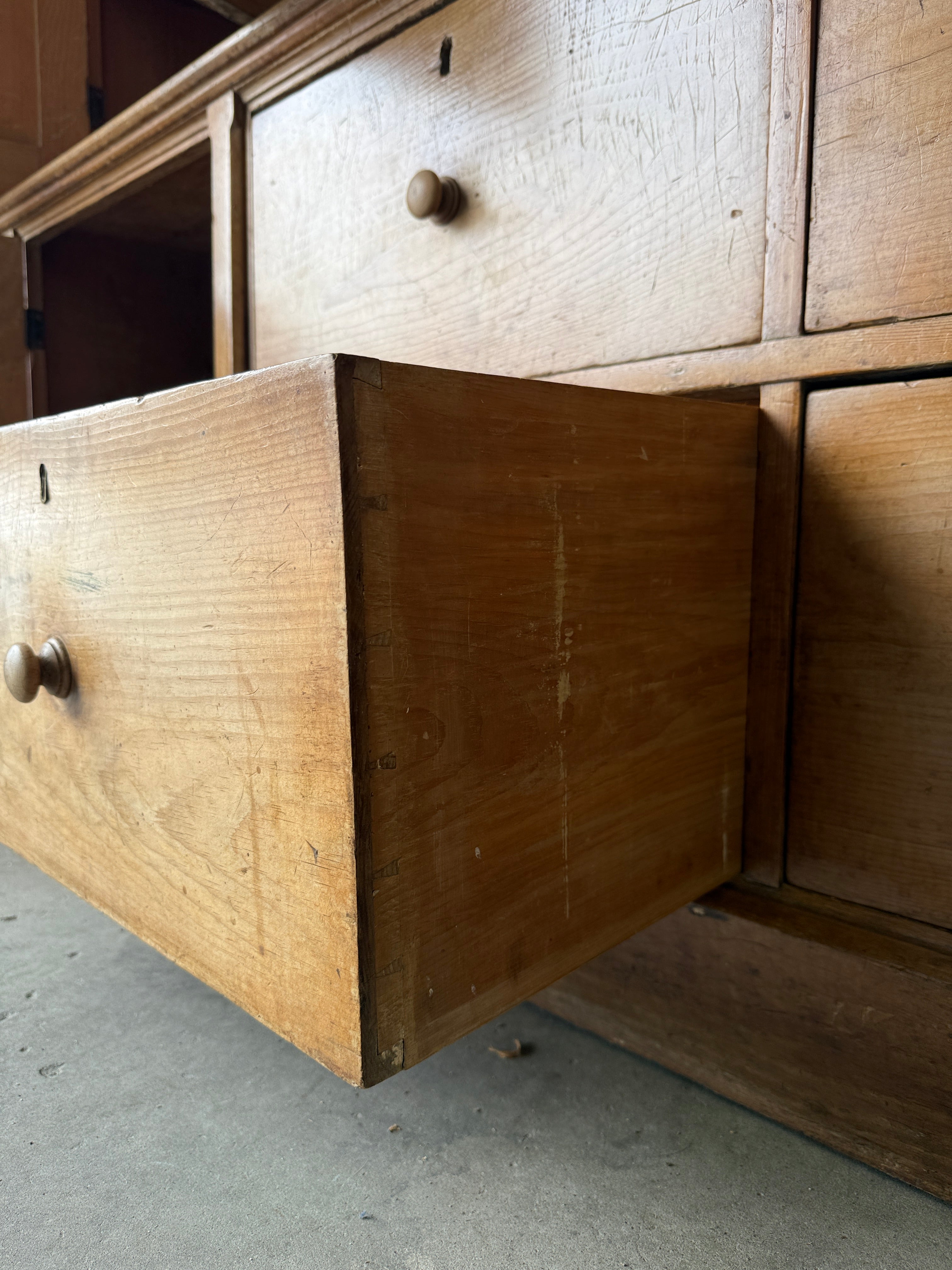 Monumental English antique pine housekeepers cupboard