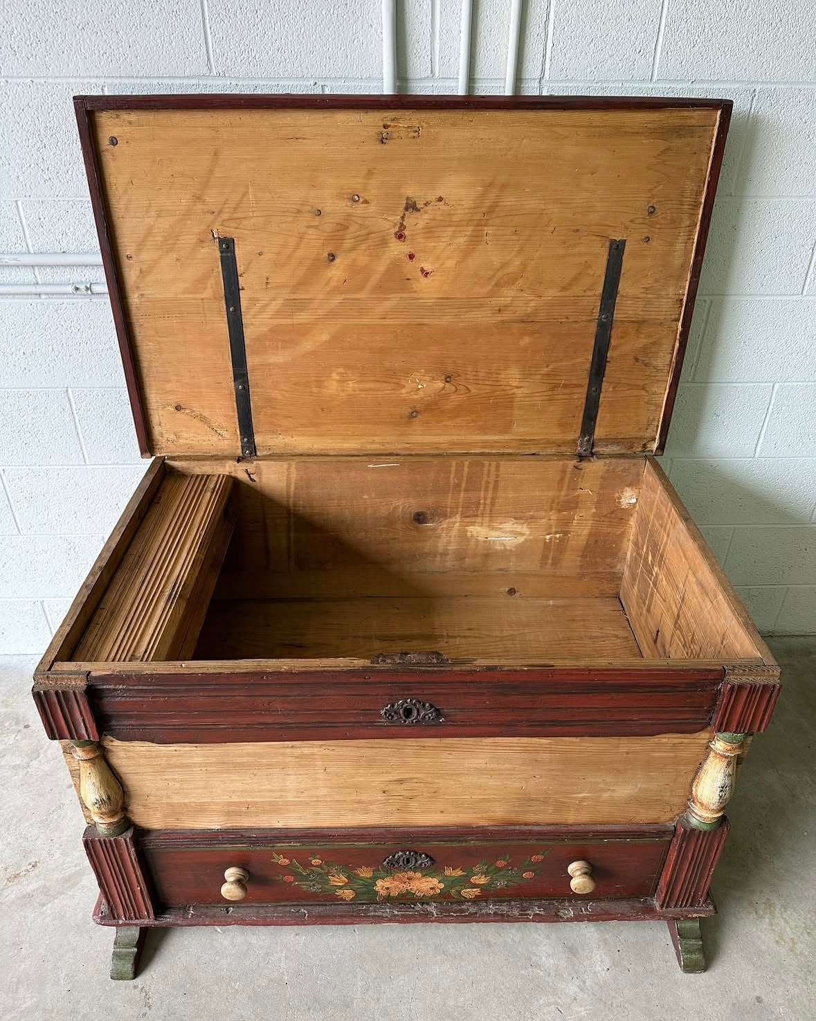 European pine blanket box with folk-painted drawer
