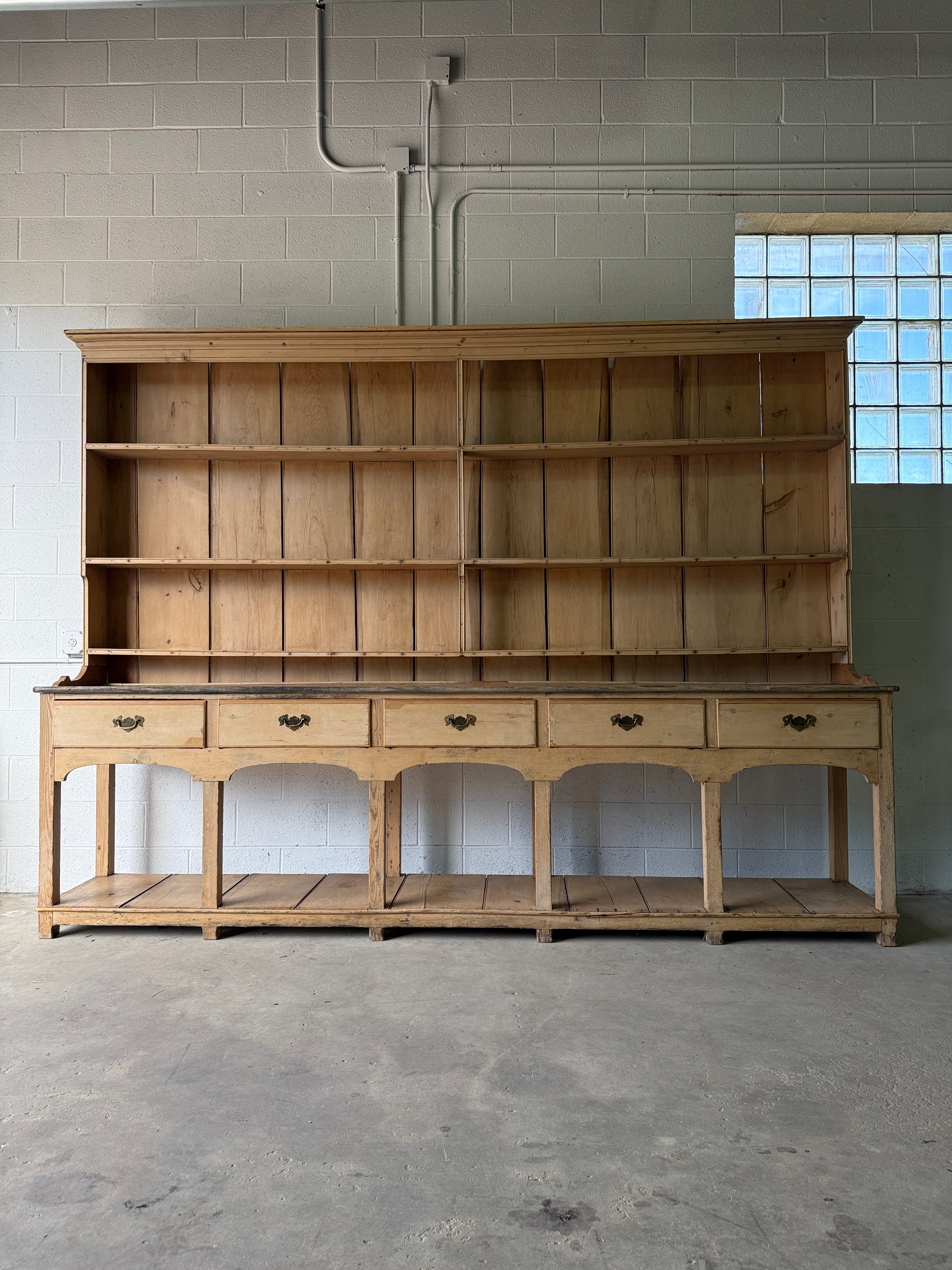Antique Pine Potboard Kitchen Dresser Hutch – 10.7 ft English Country Cupboard with Drawers