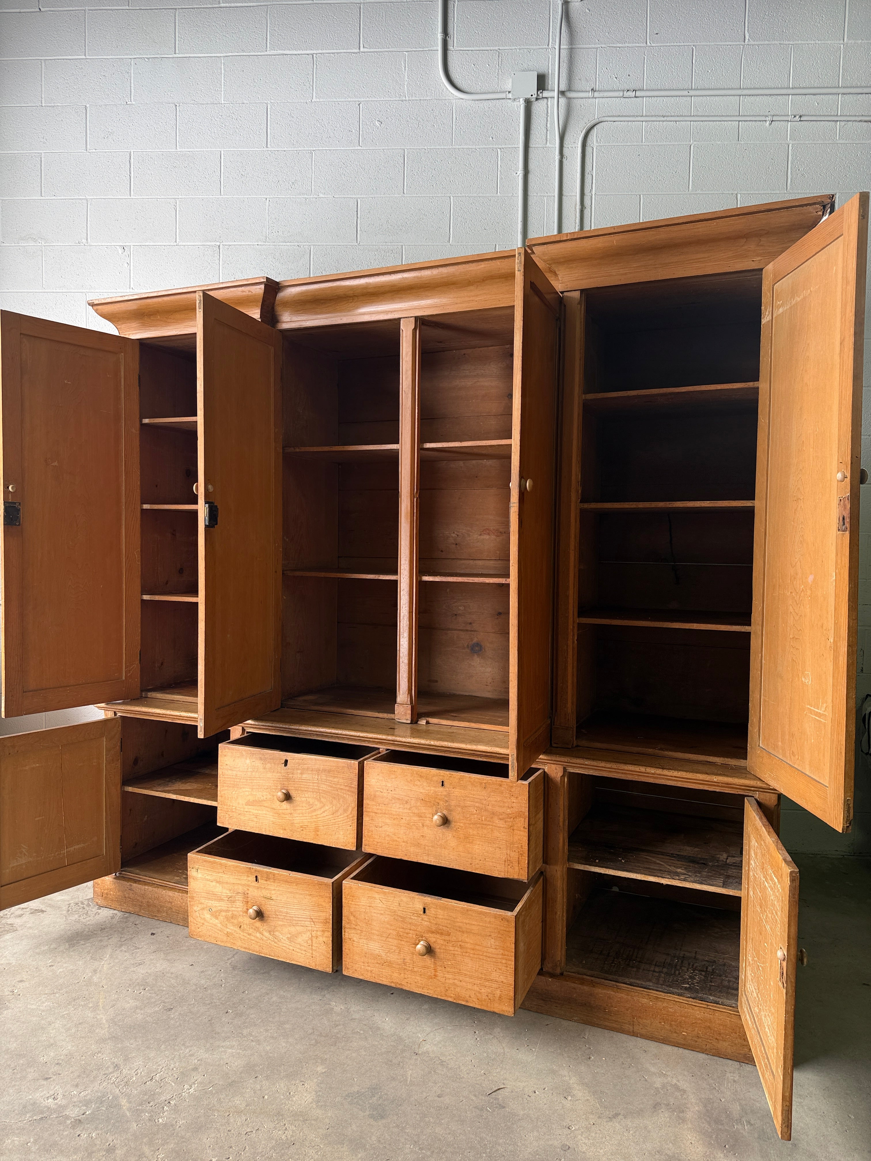 Monumental English antique pine housekeepers cupboard
