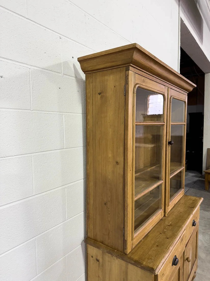 Antique English pine hutch with wavy glass