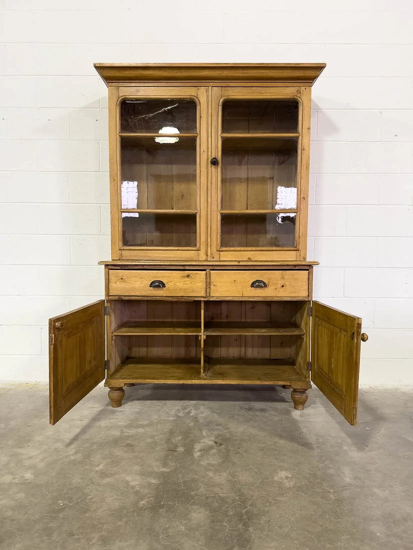 Antique English pine hutch with wavy glass