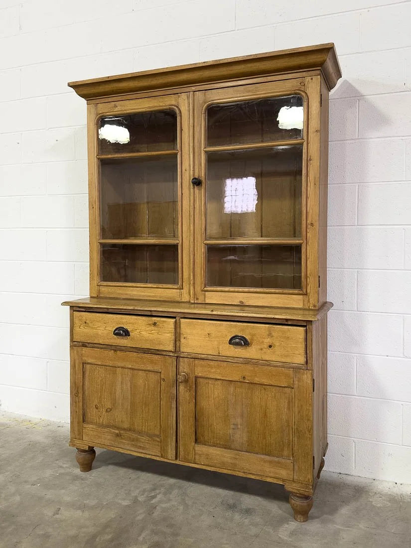 Antique English pine hutch with wavy glass