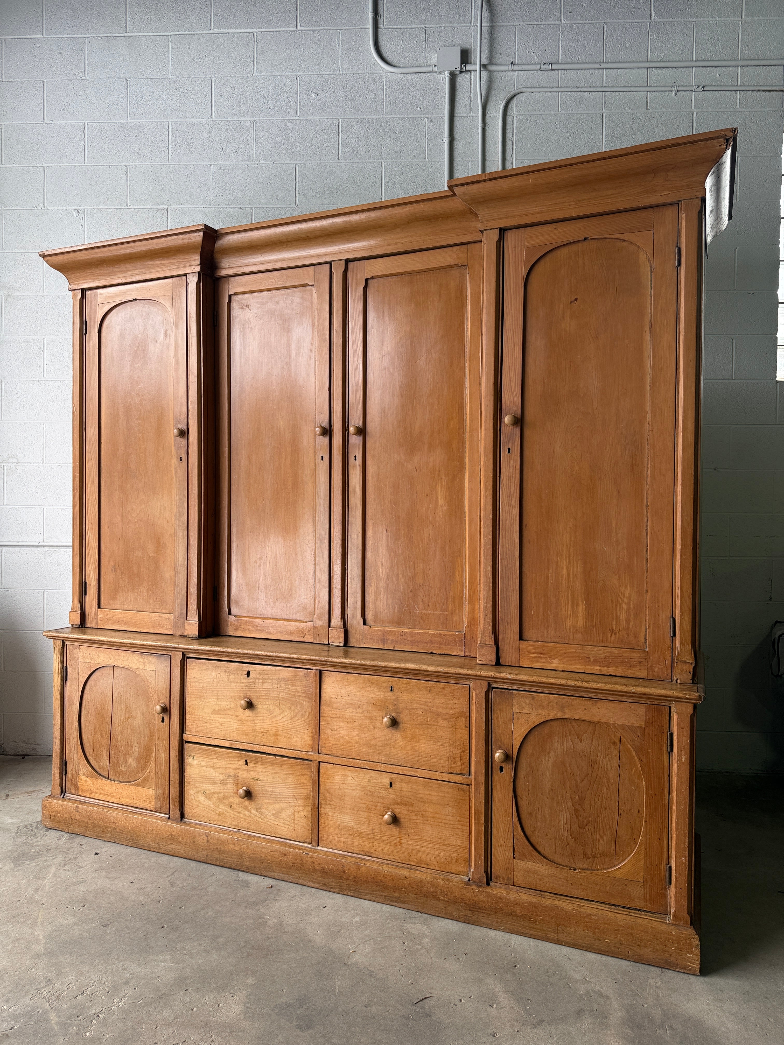 Monumental English antique pine housekeepers cupboard