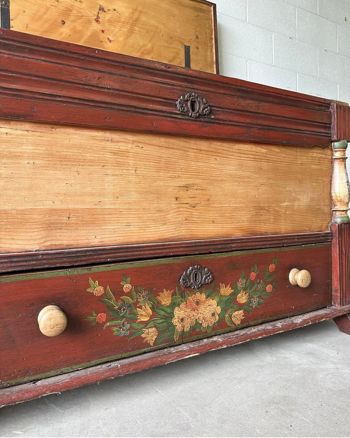 European pine blanket box with folk-painted drawer