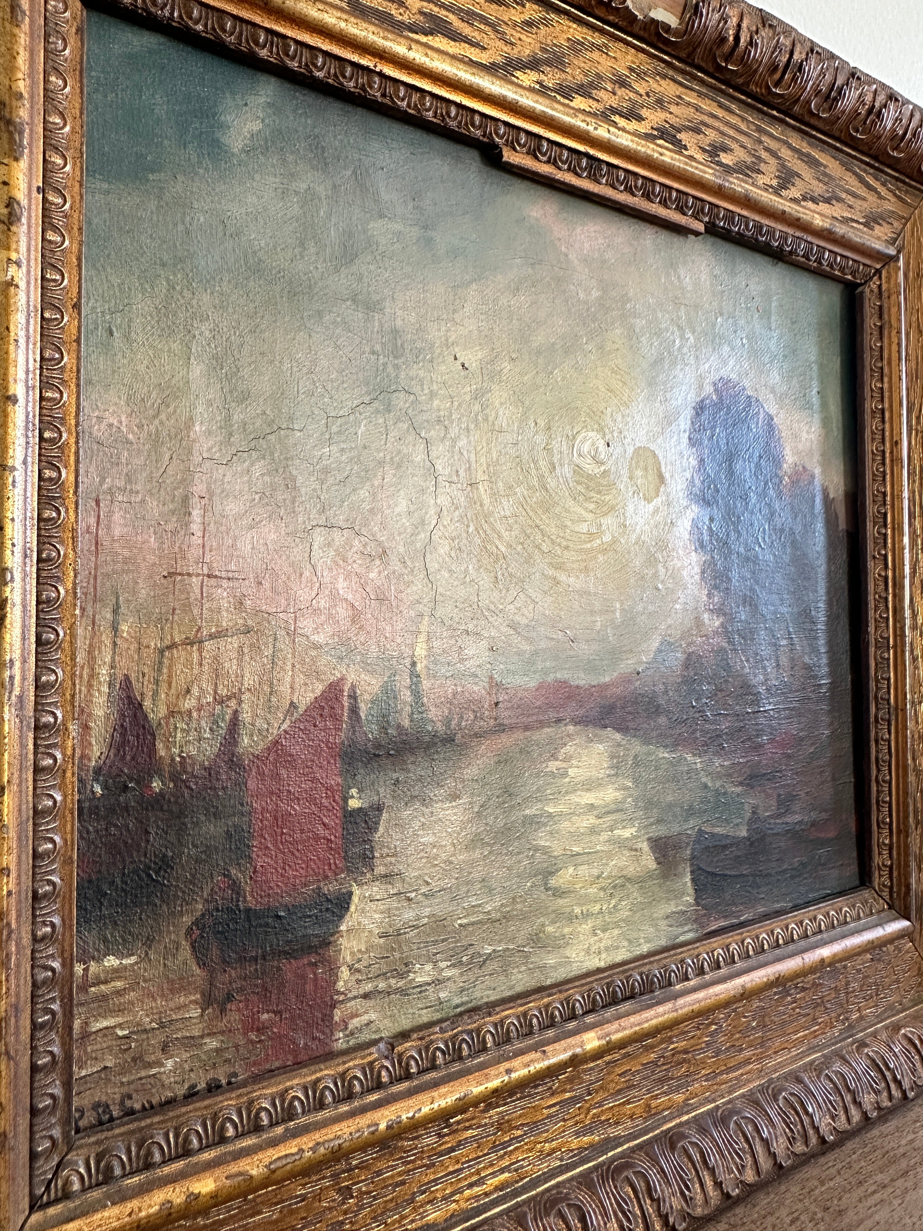 Oil on canvas, boats in a bay