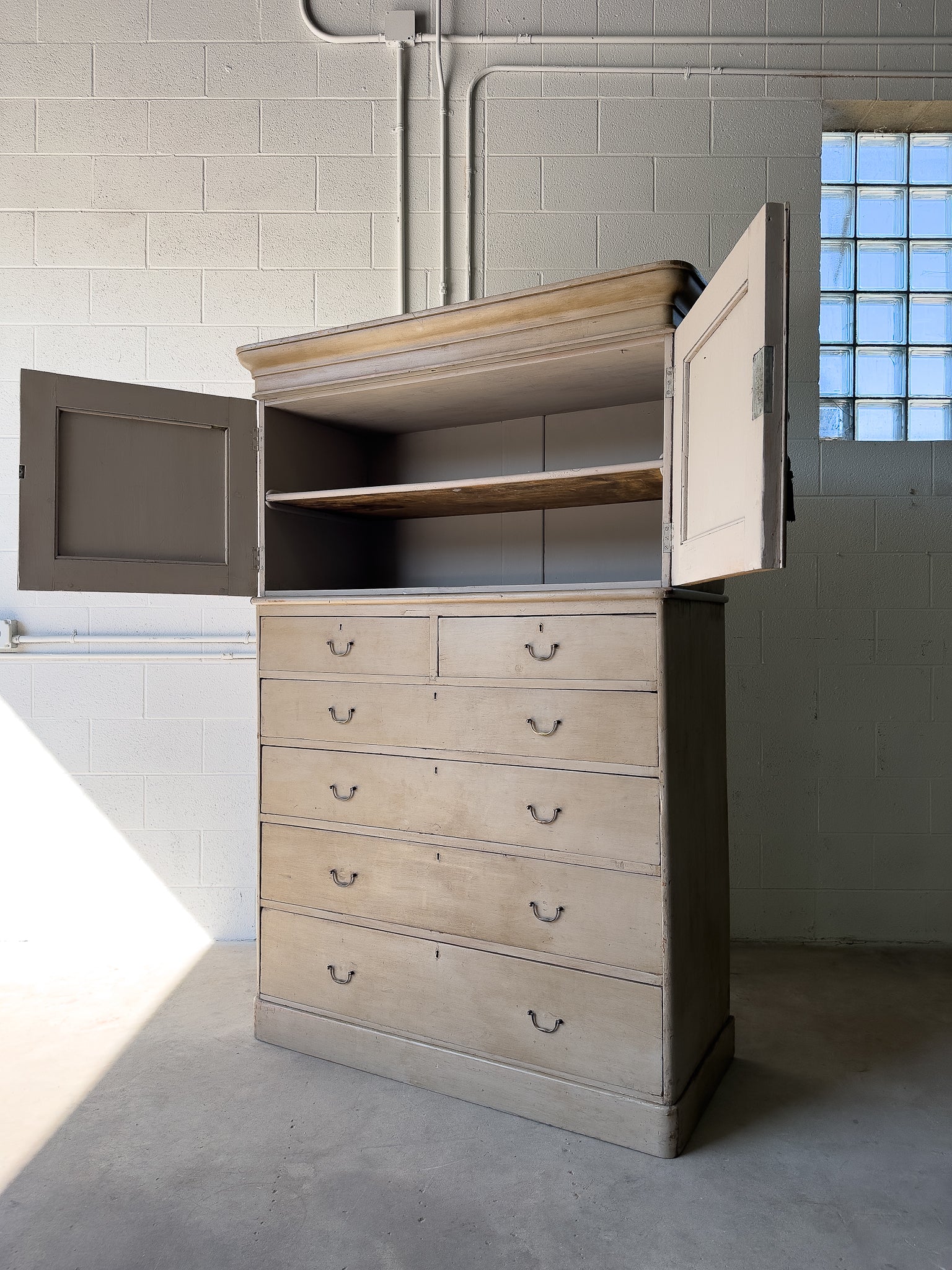 Georgian antique pine cupboard with 6 drawers
