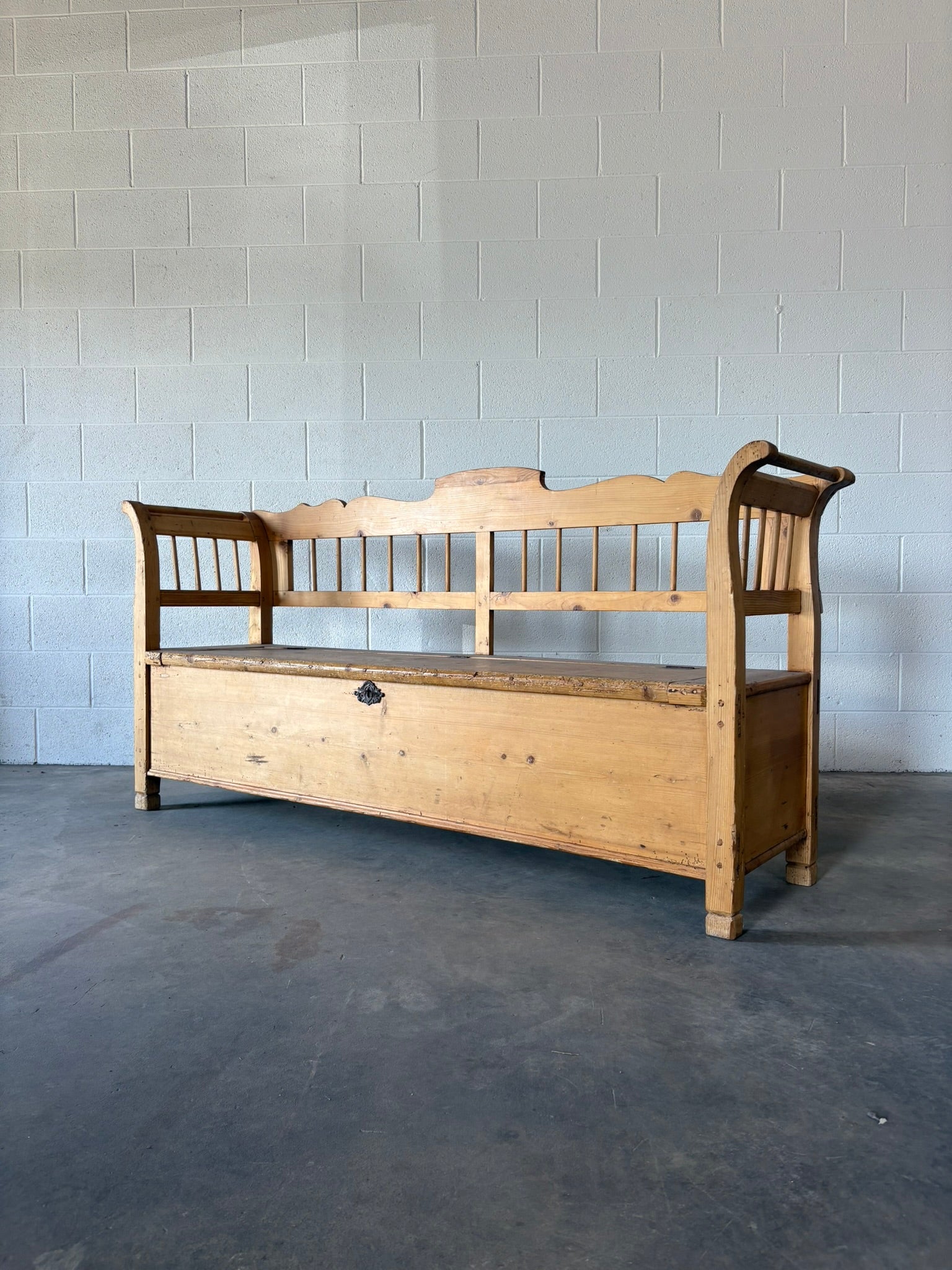 Antique pine European bench with storage