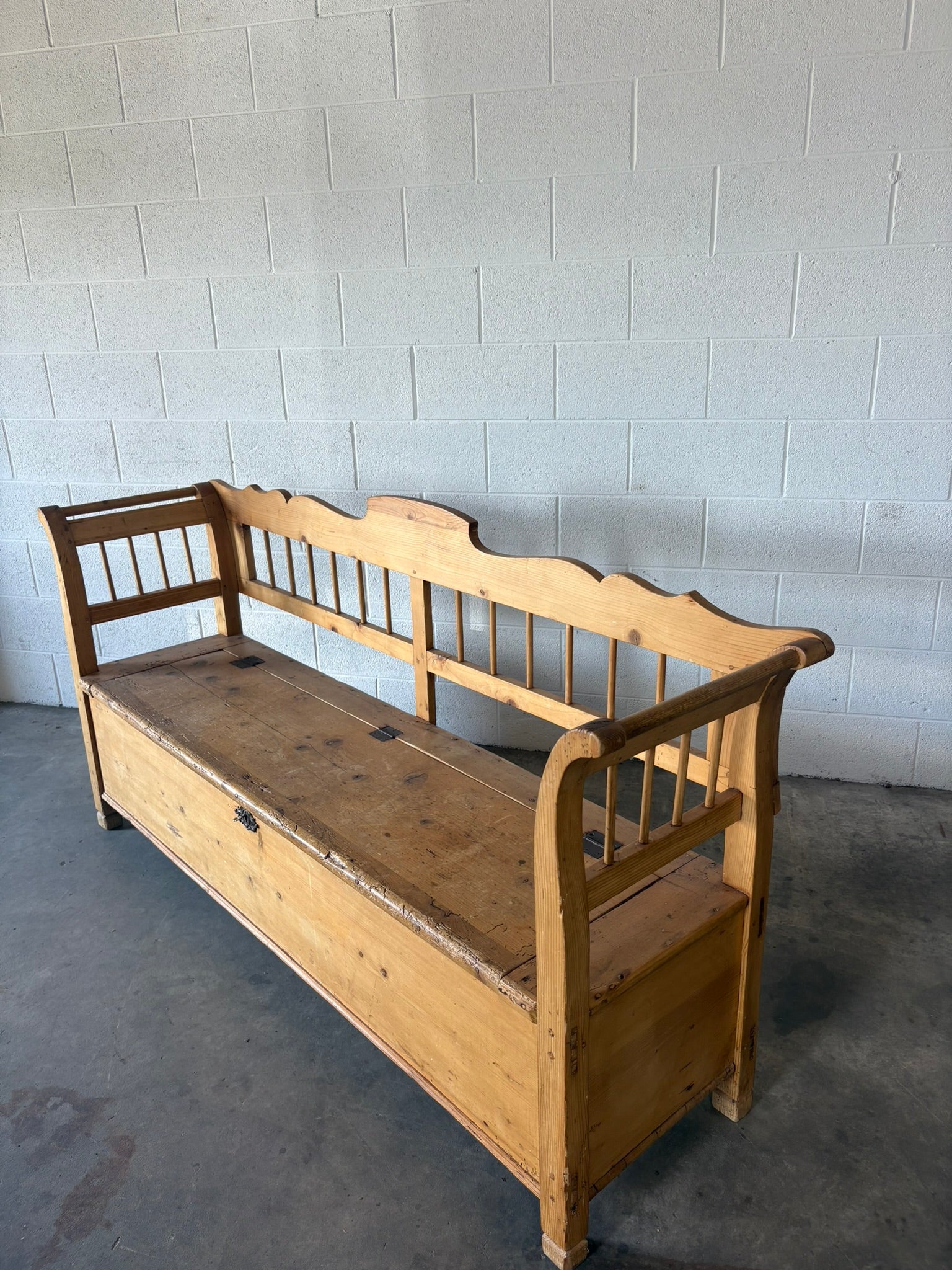 Antique pine European bench with storage