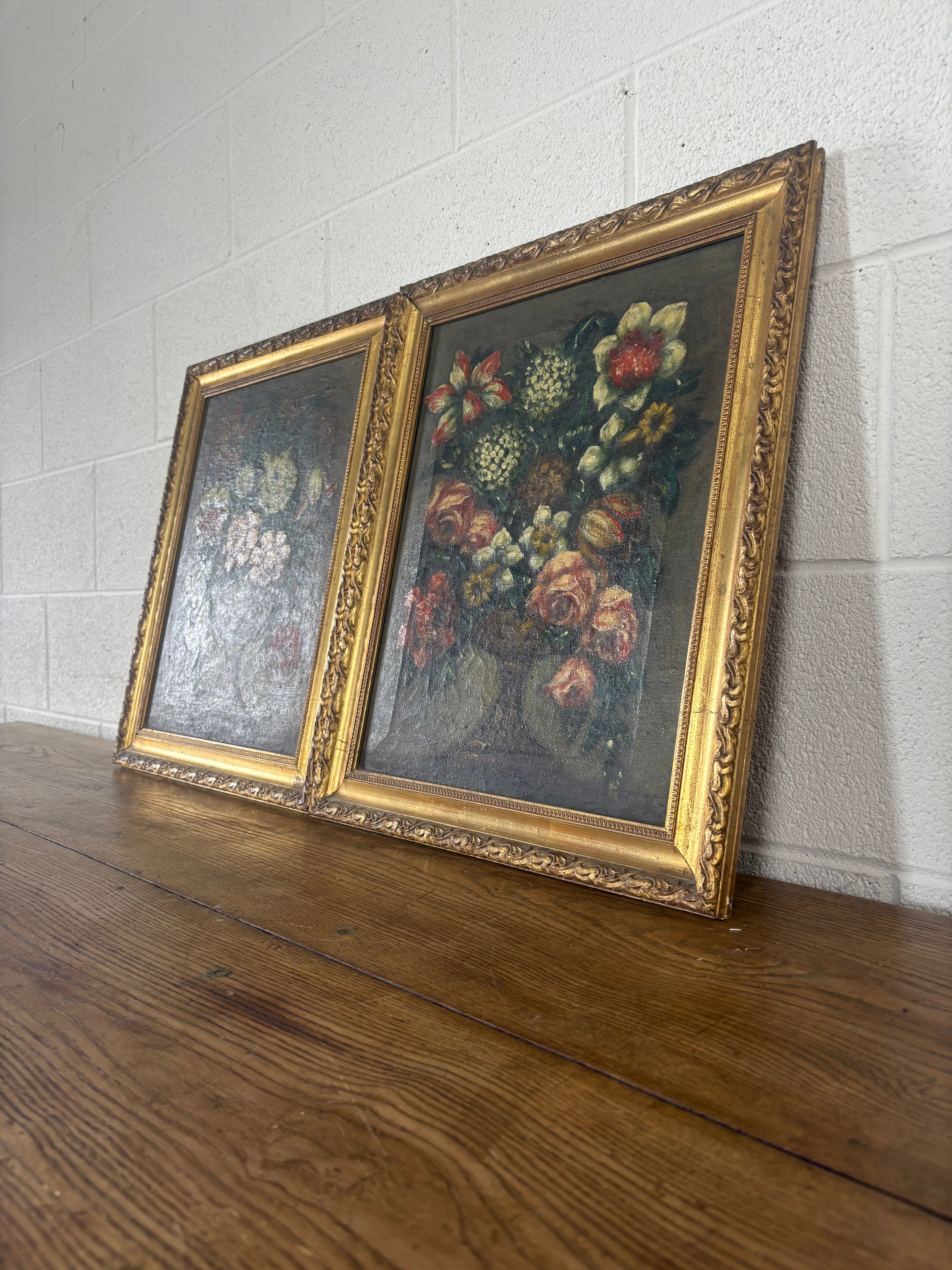 Pair of antique oil paintings on canvas - florals