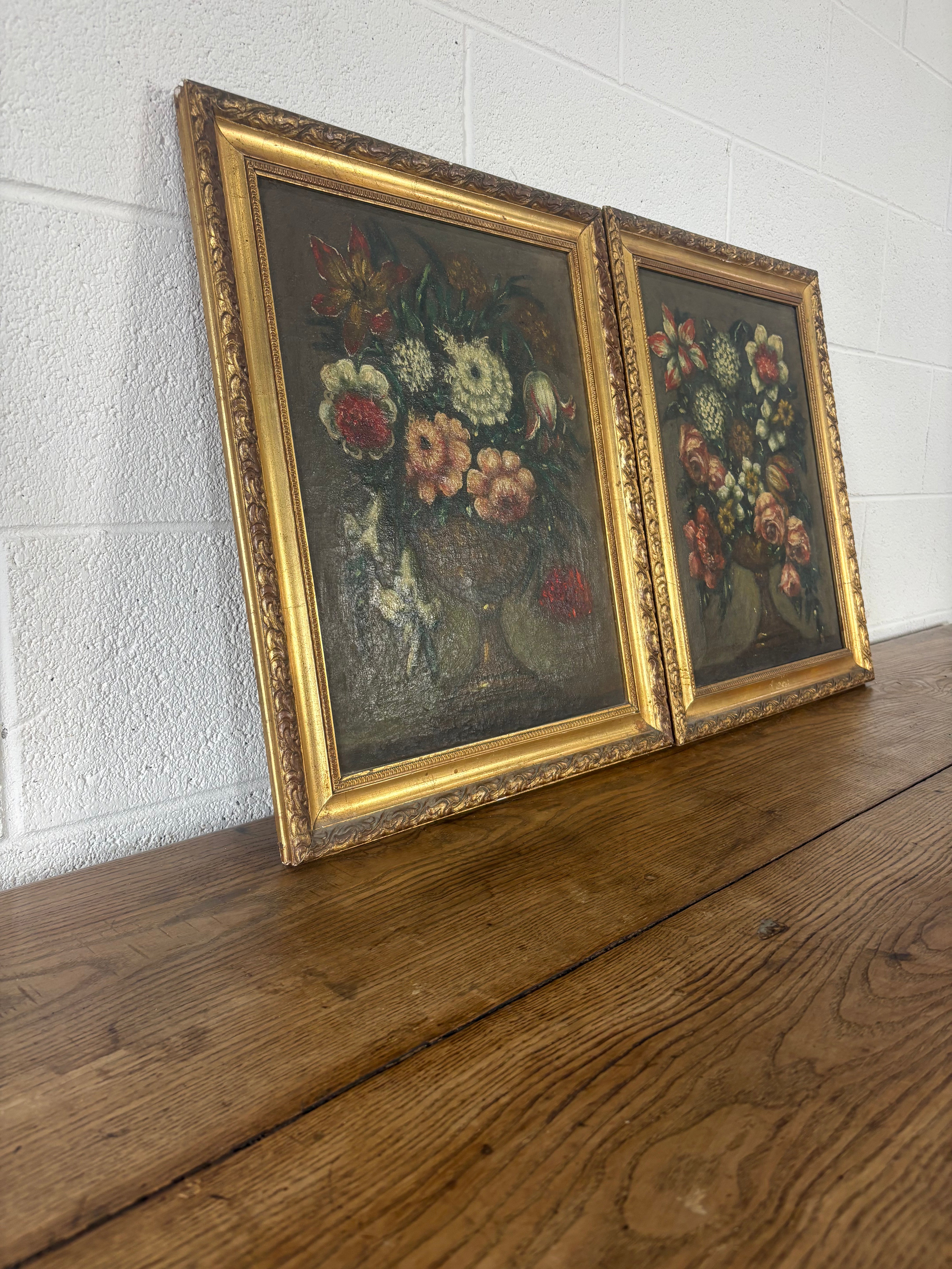 Pair of antique oil paintings on canvas - florals