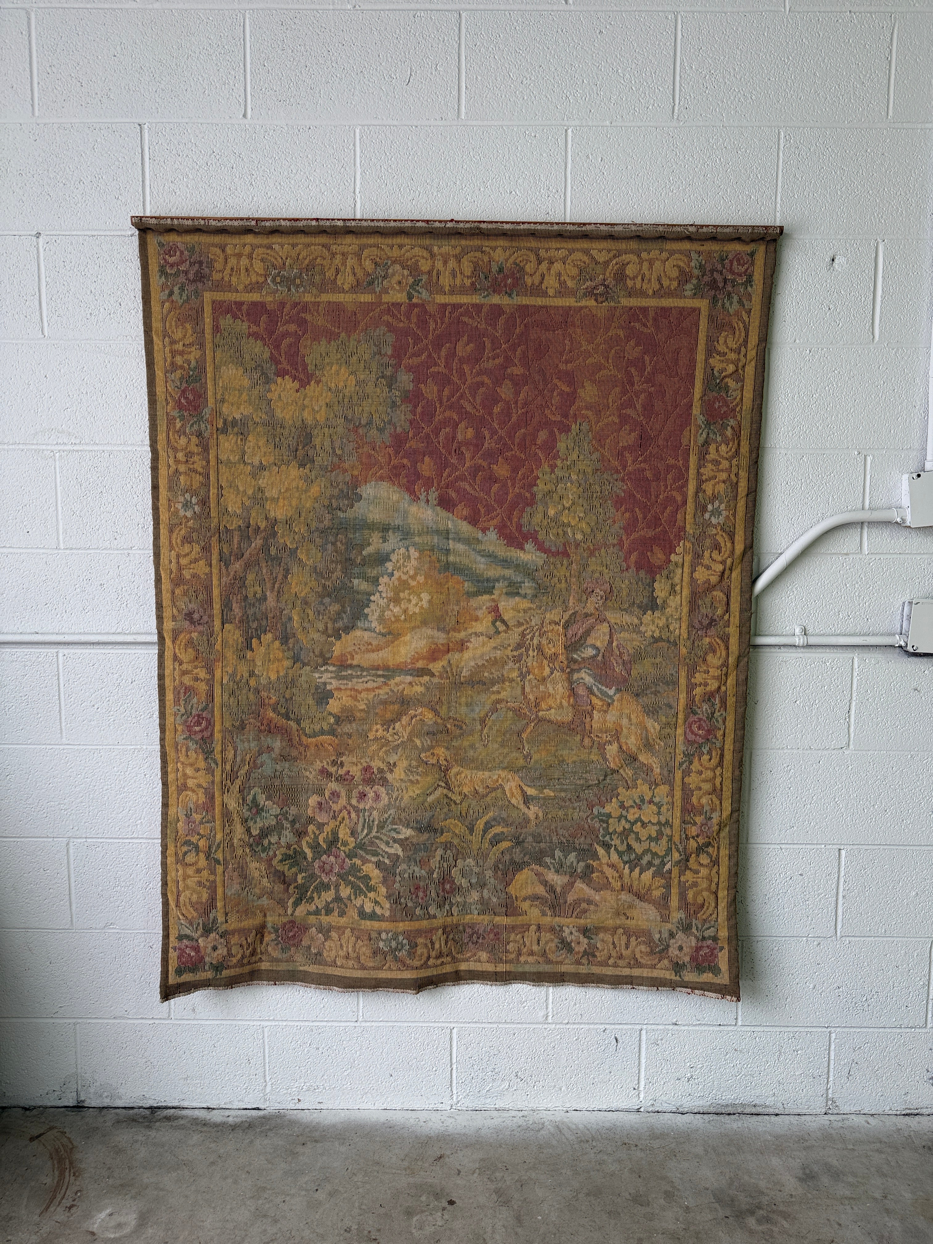 Vintage French or Belgian tapestry depicting a hunting scene