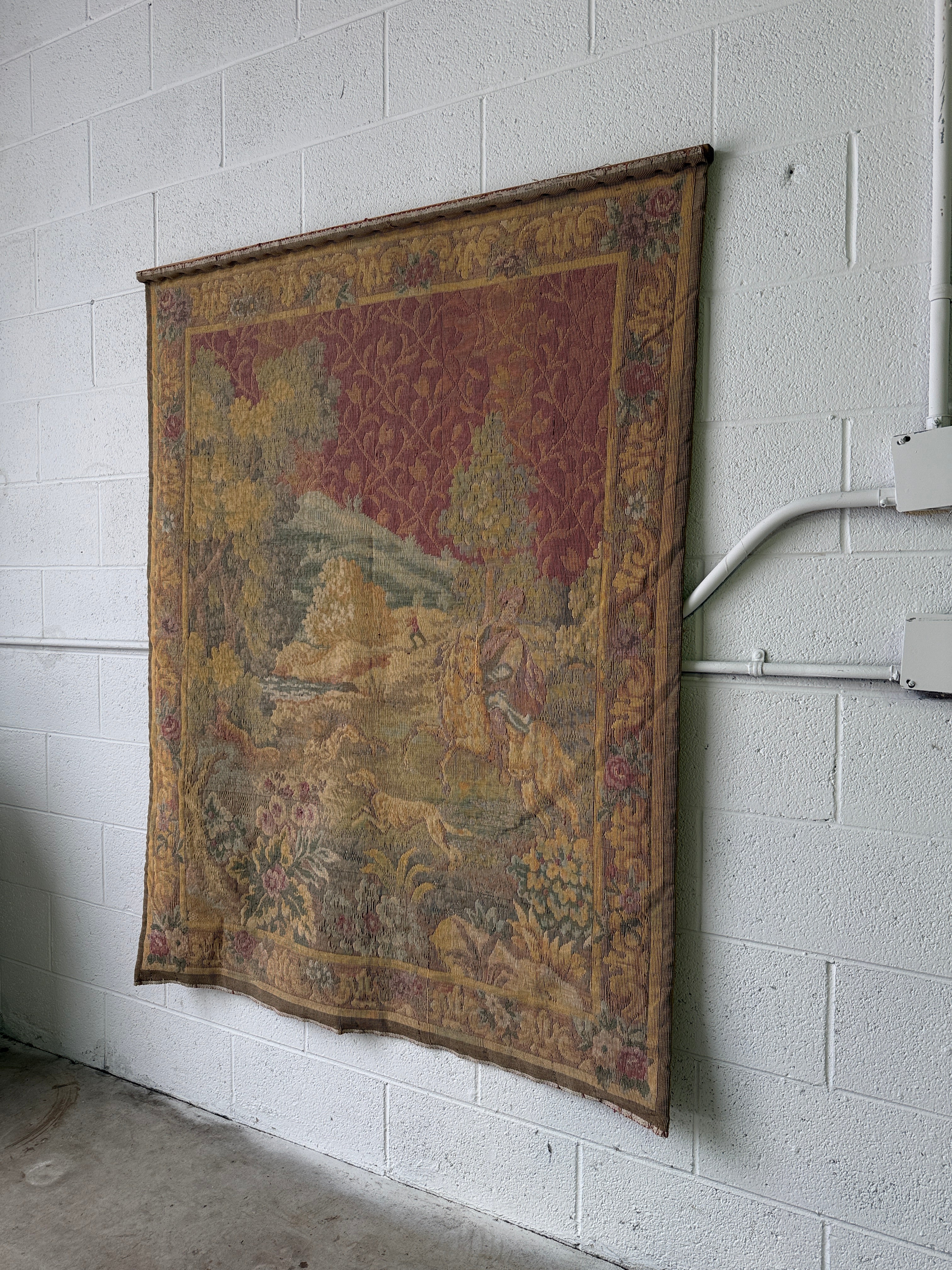 Vintage French or Belgian tapestry depicting a hunting scene
