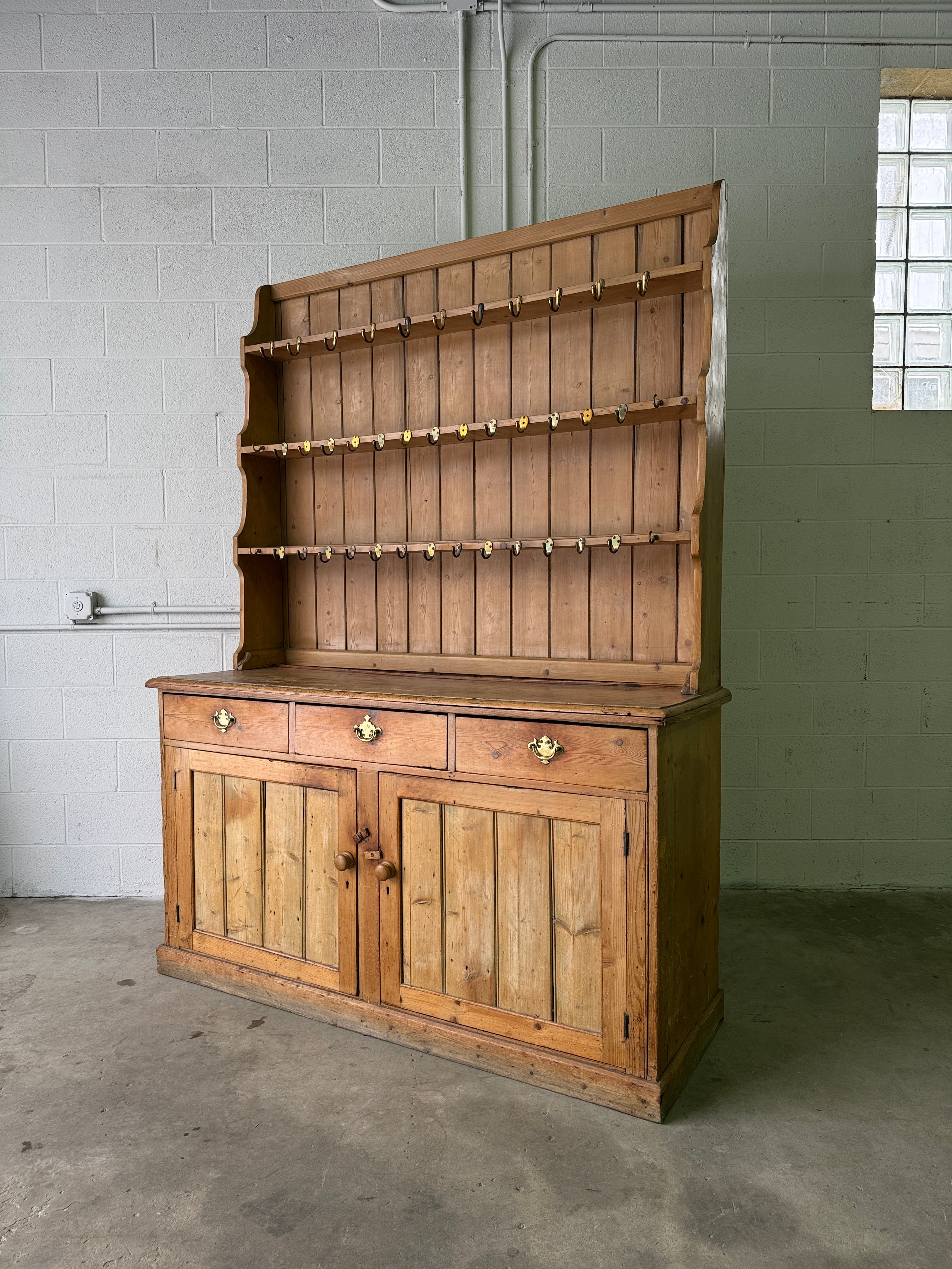 Antique pine waterfall kitchen dresser with hooks