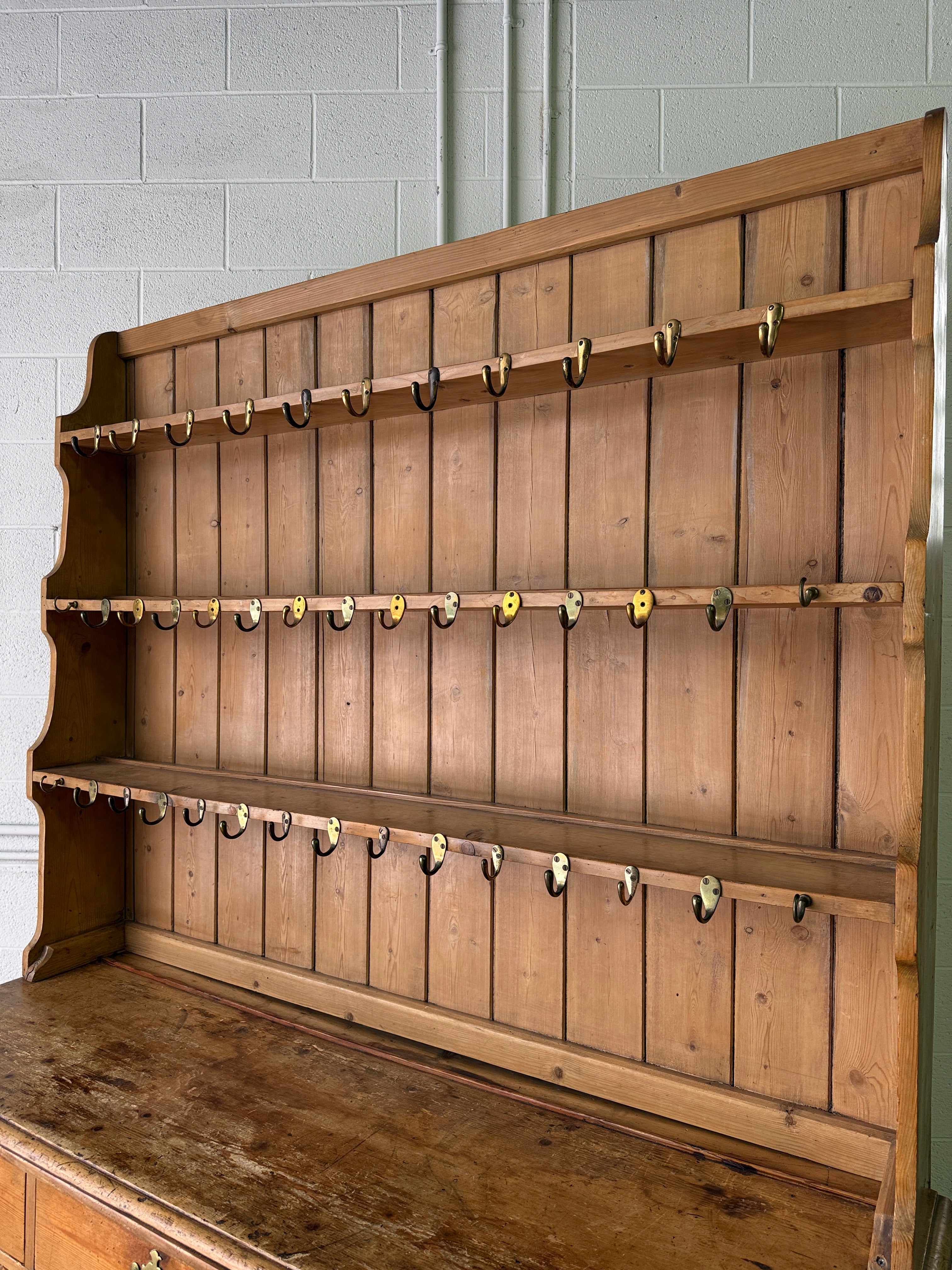 Antique pine waterfall kitchen dresser with hooks