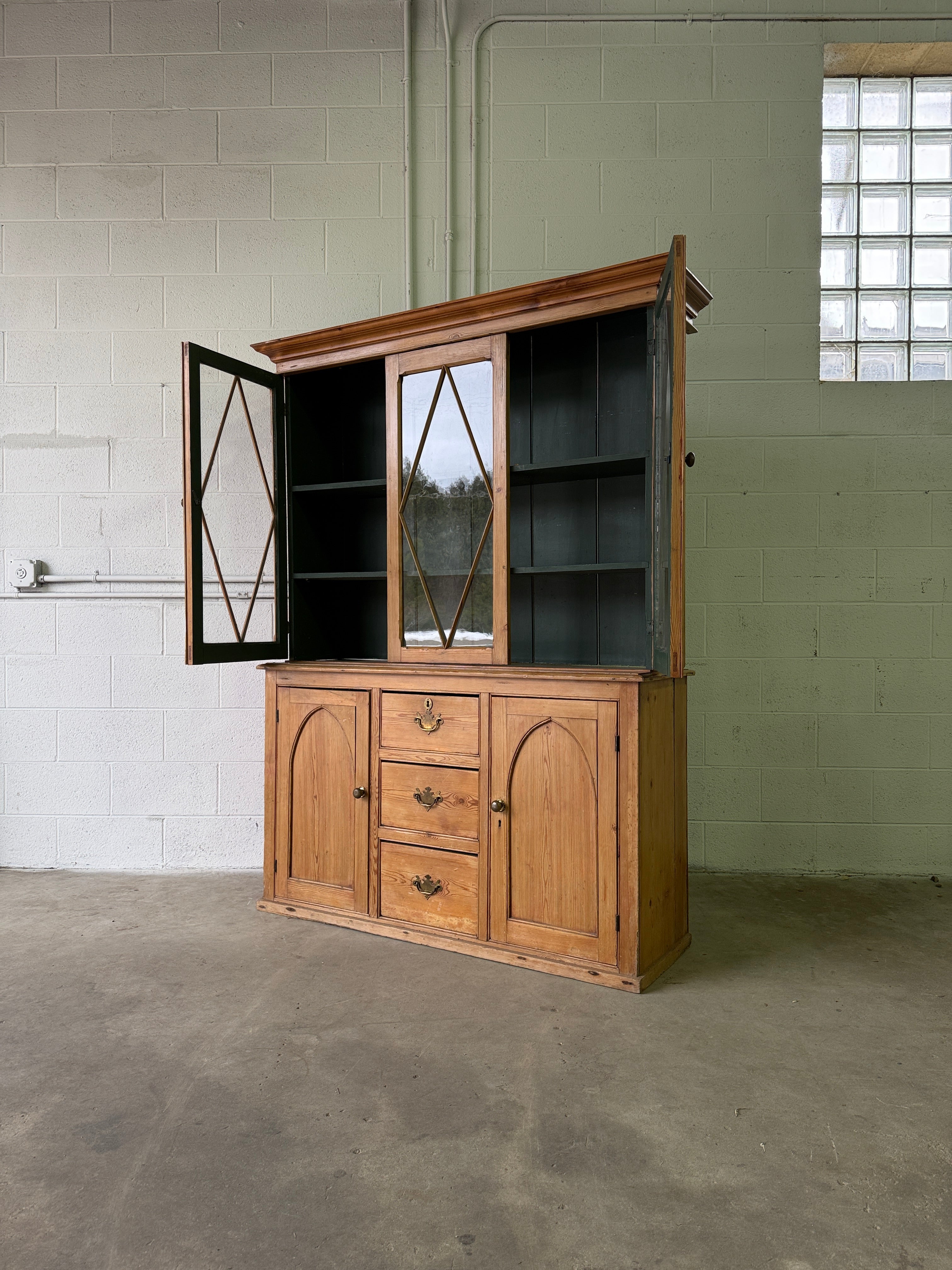 Antique English pine hutch with glass doors