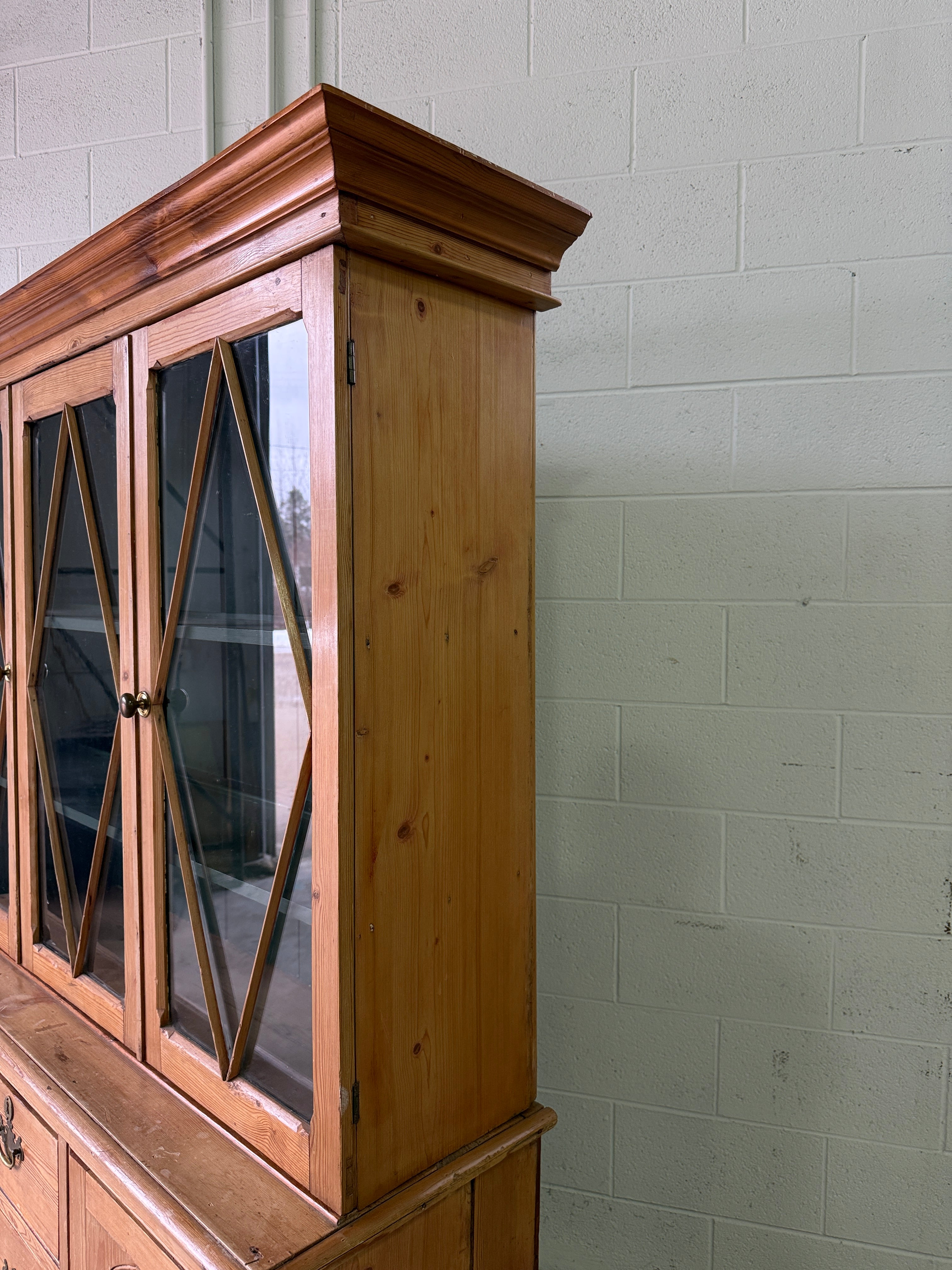 Antique English pine hutch with glass doors