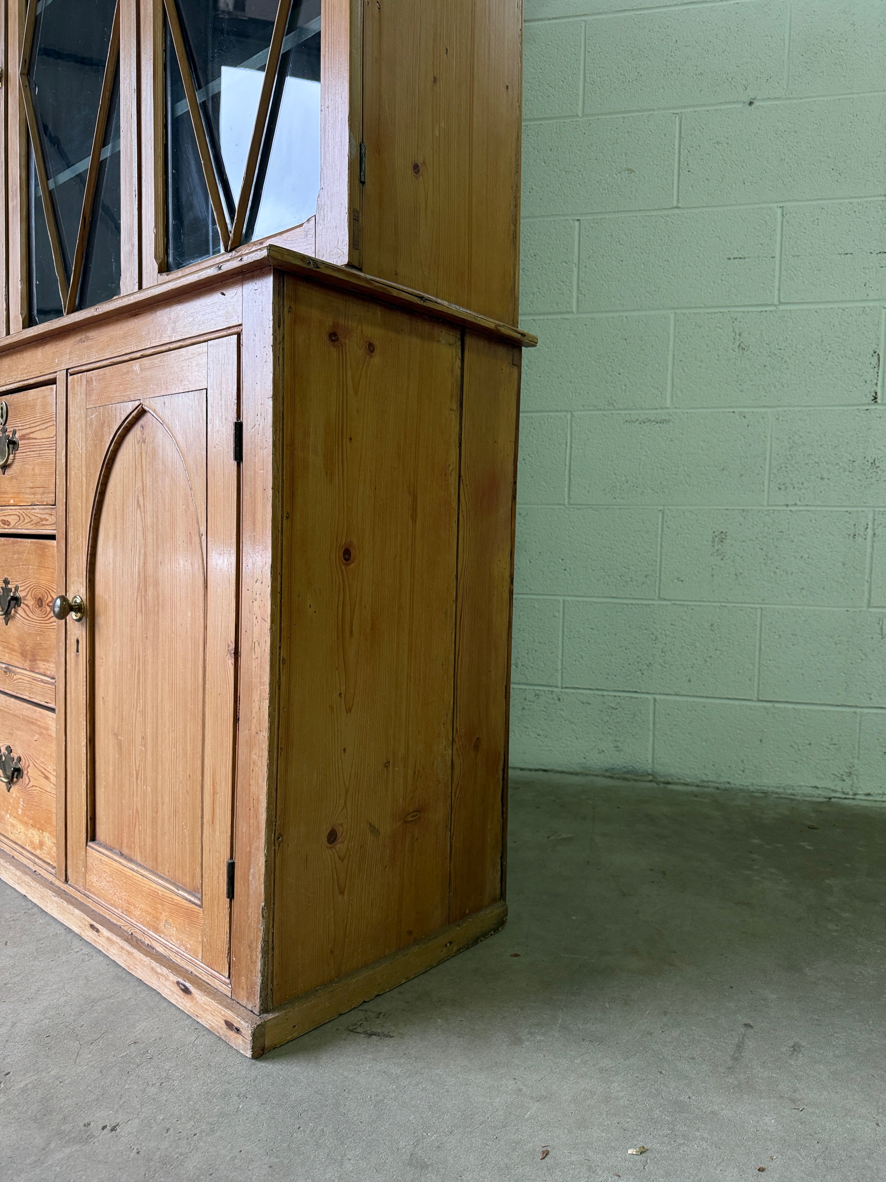 Antique English pine hutch with glass doors