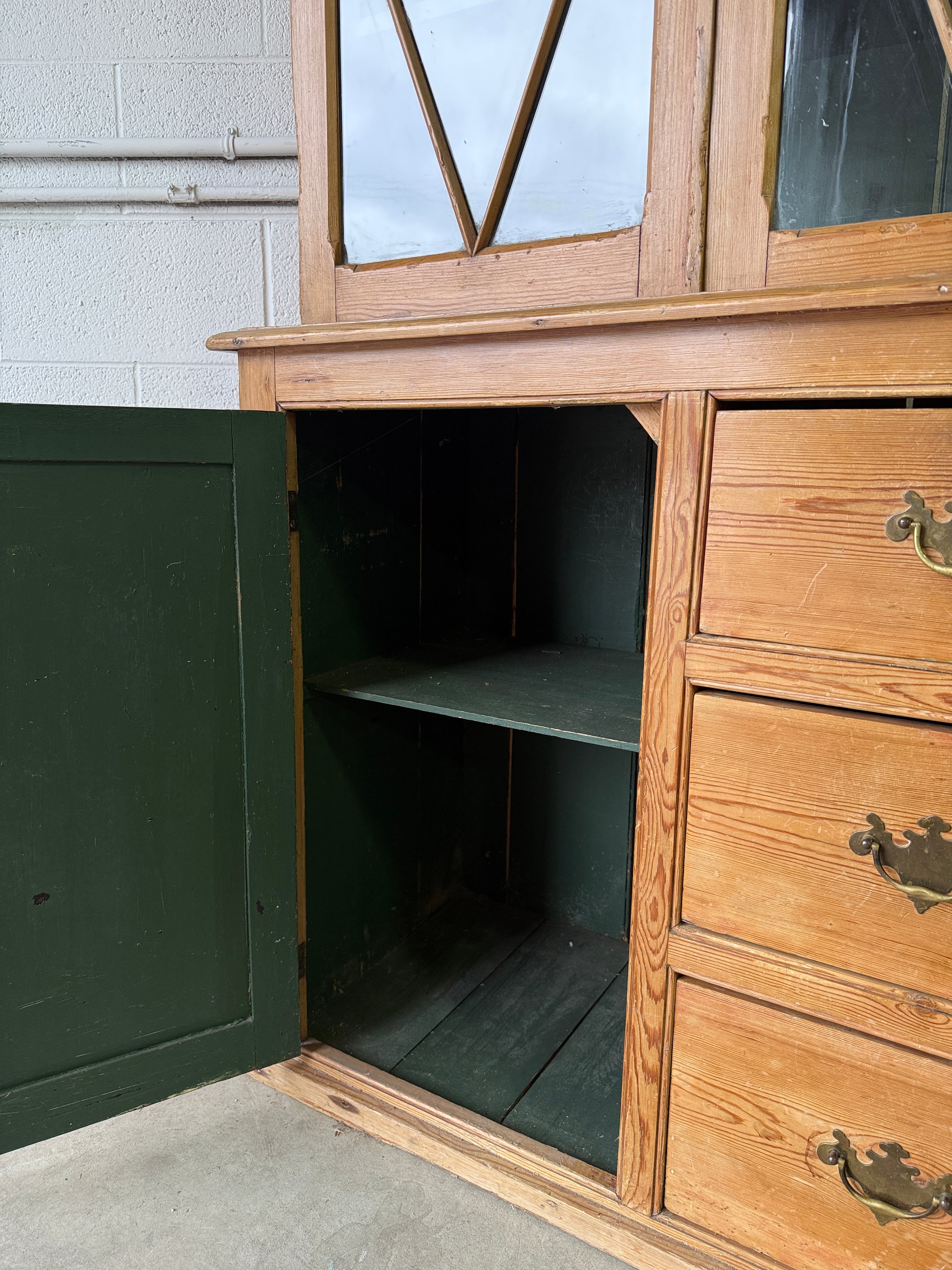 Antique English pine hutch with glass doors