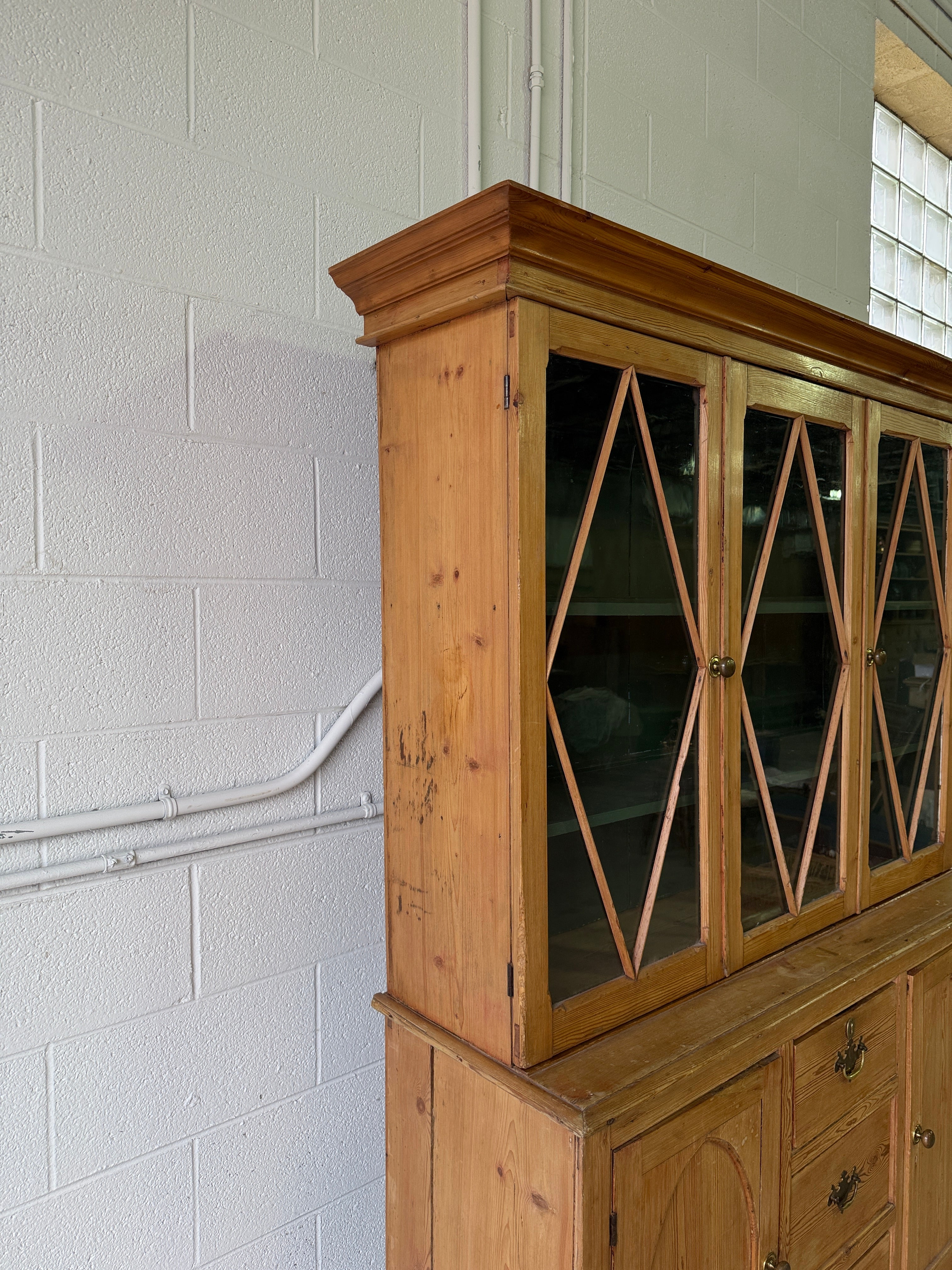 Antique English pine hutch with glass doors
