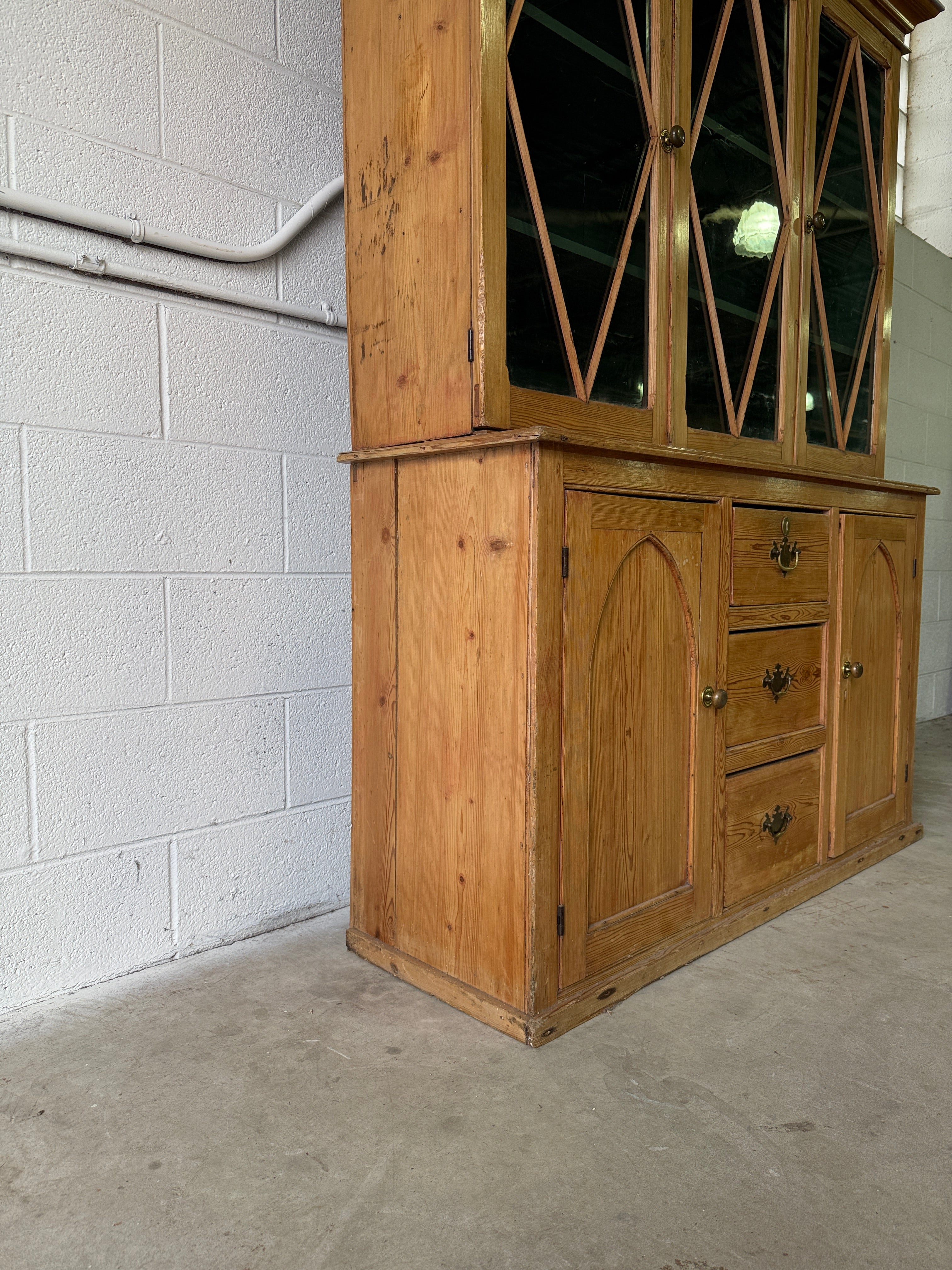 Antique English pine hutch with glass doors
