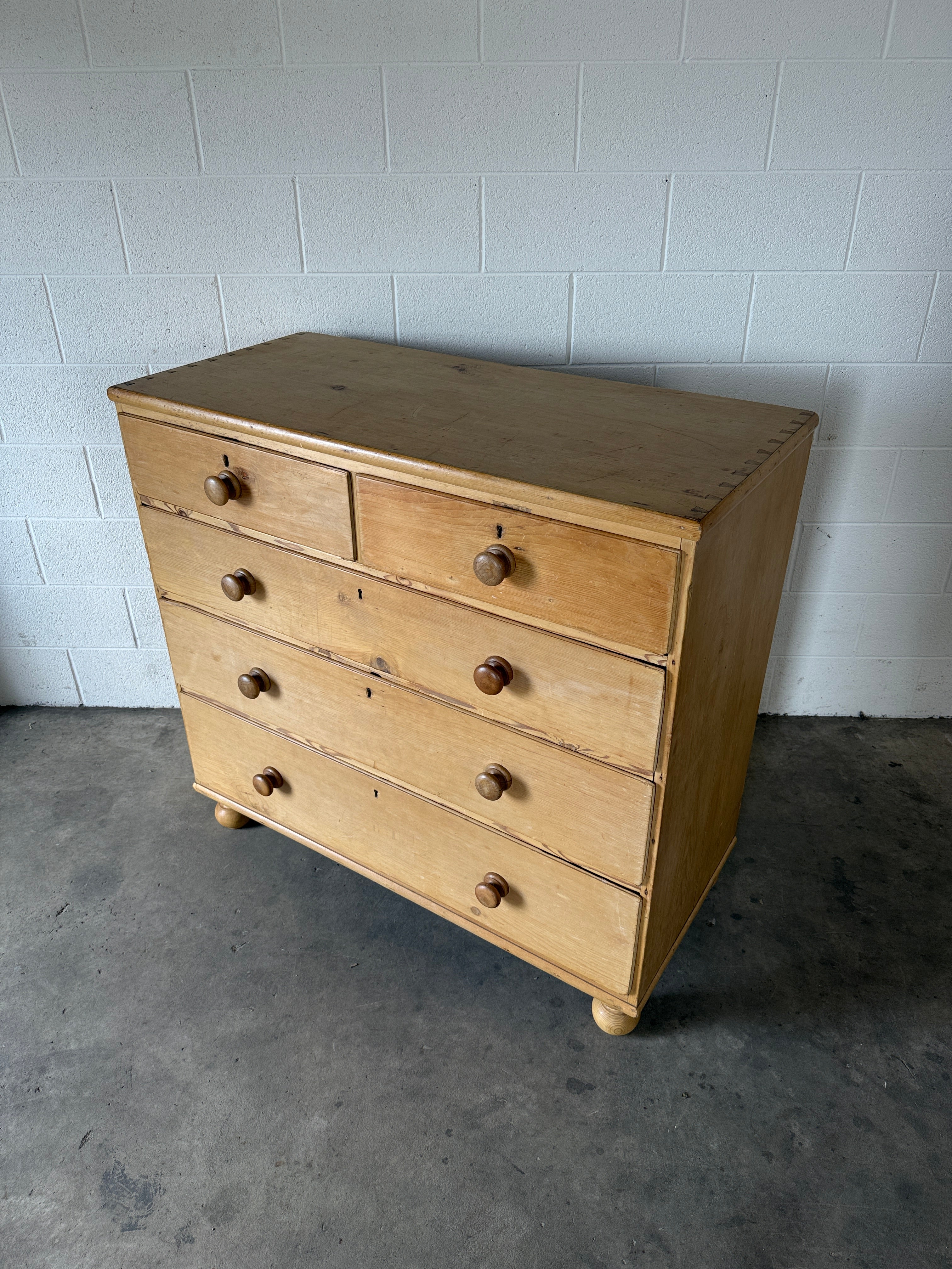 English Antique Pine Chest of Drawers on bun feet