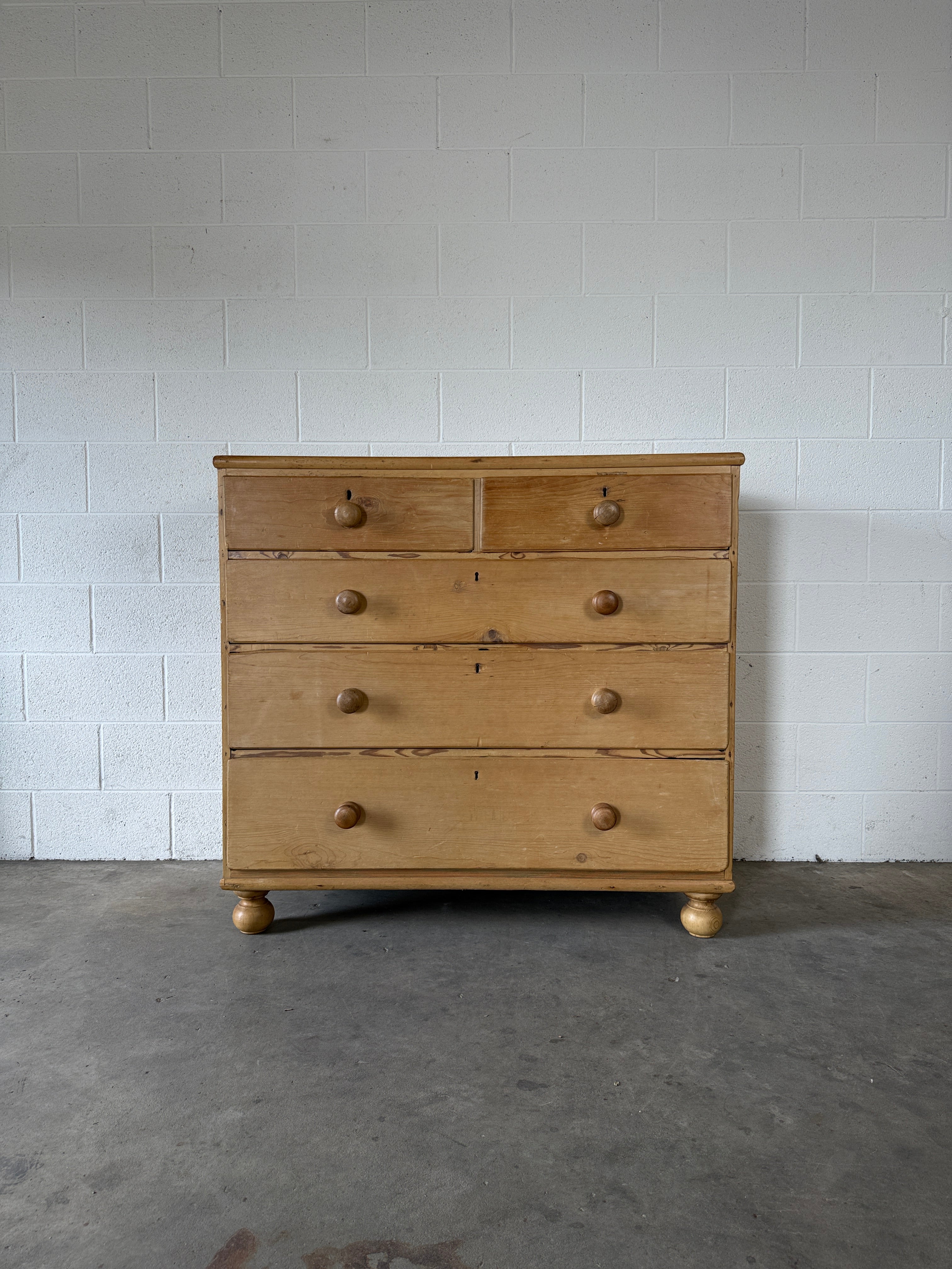 English Antique Pine Chest of Drawers on bun feet
