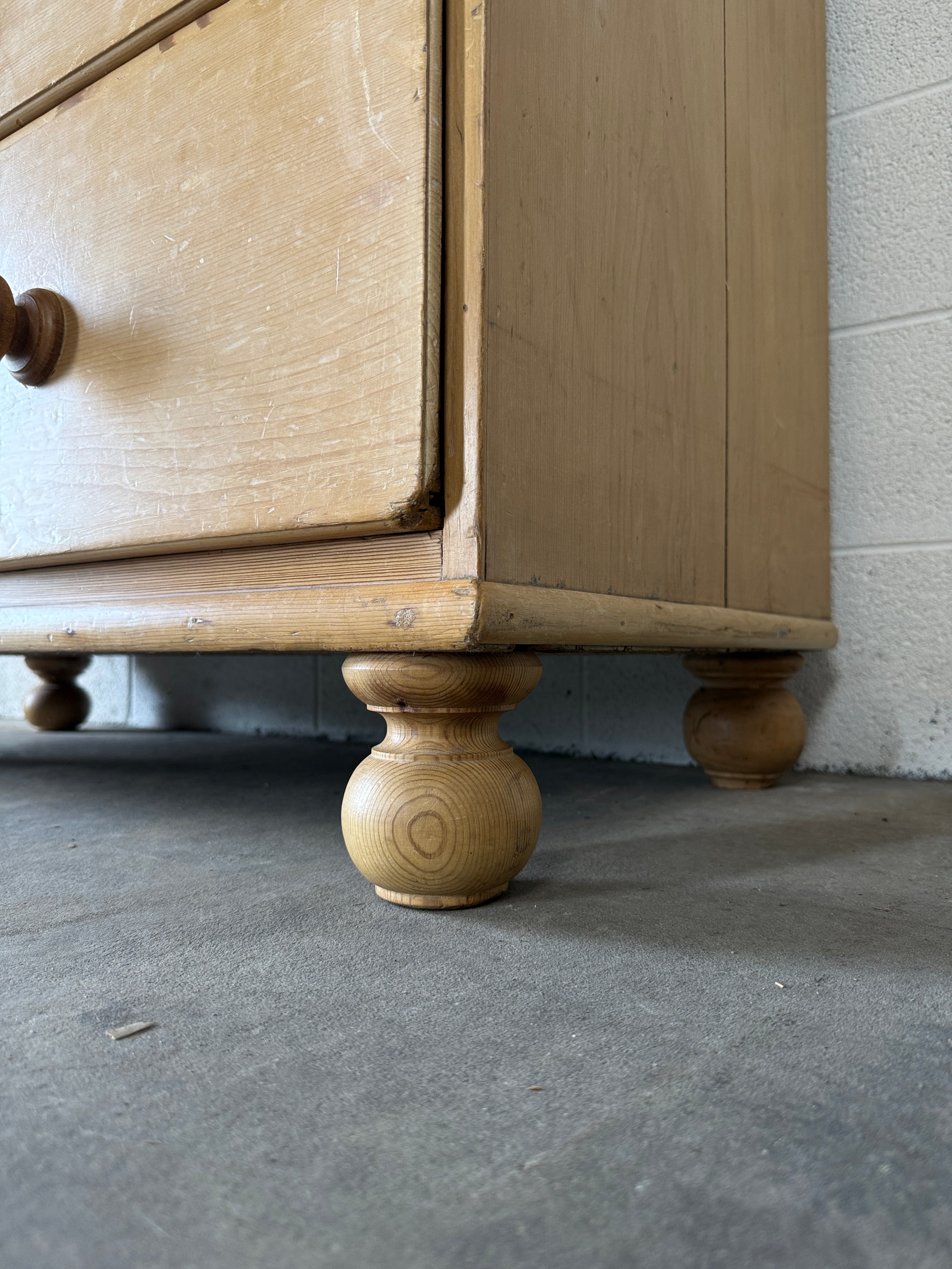 English Antique Pine Chest of Drawers on bun feet