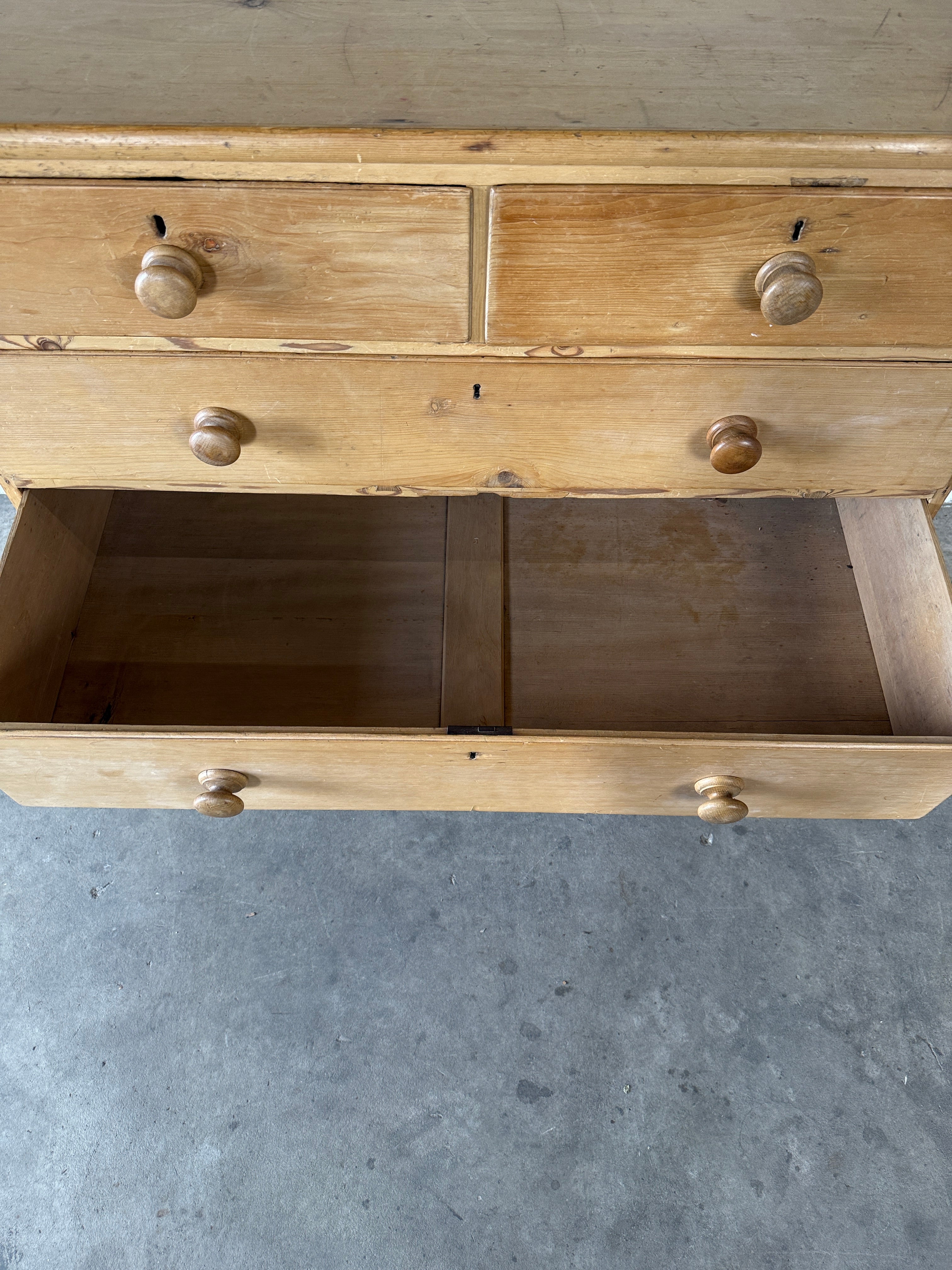 English Antique Pine Chest of Drawers on bun feet