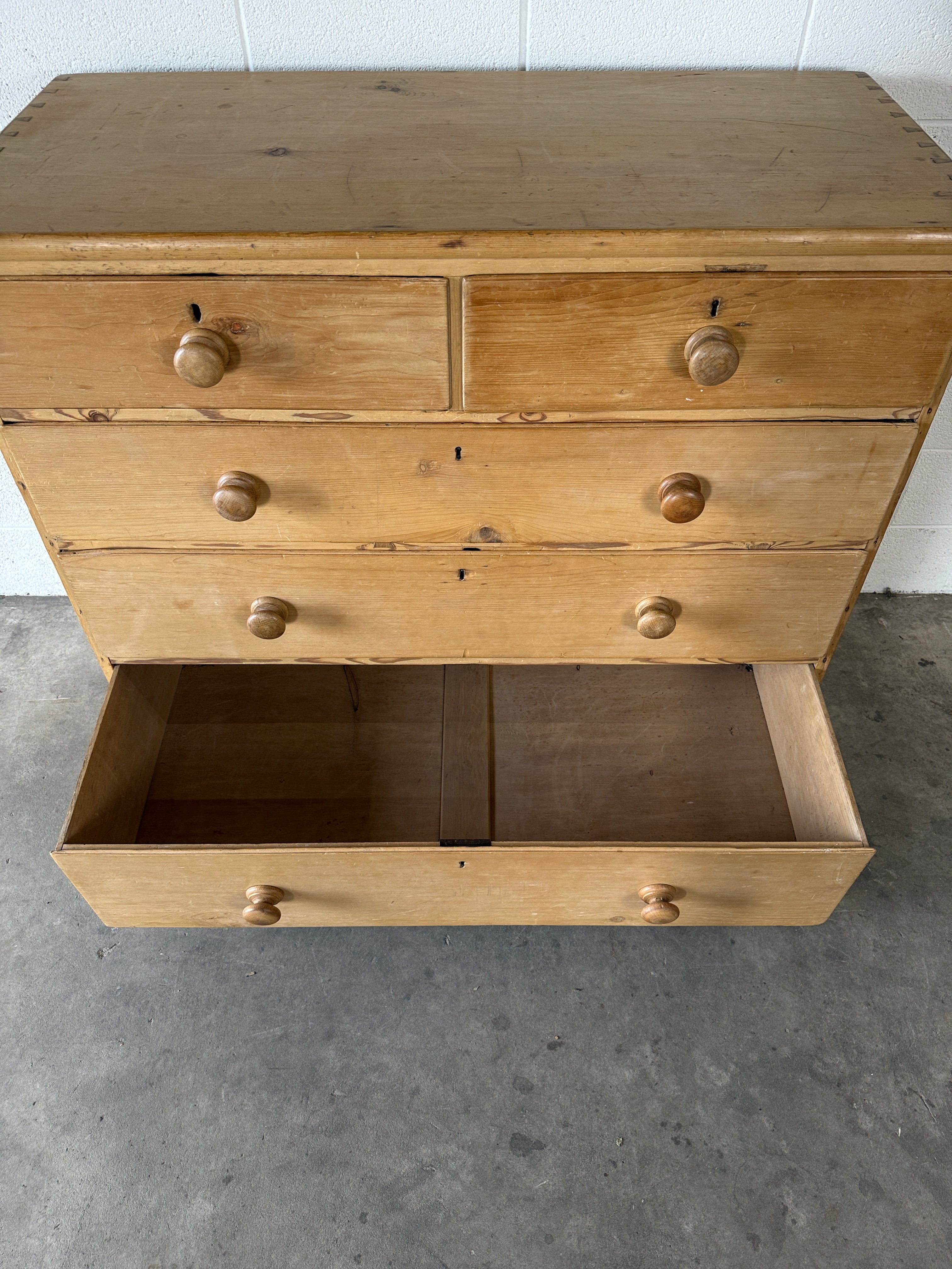 English Antique Pine Chest of Drawers on bun feet