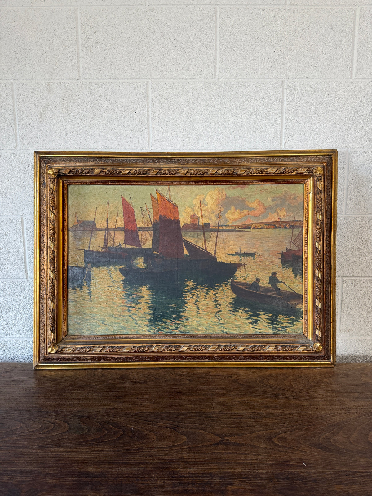 Antique European oil on canvas - ships at sunset