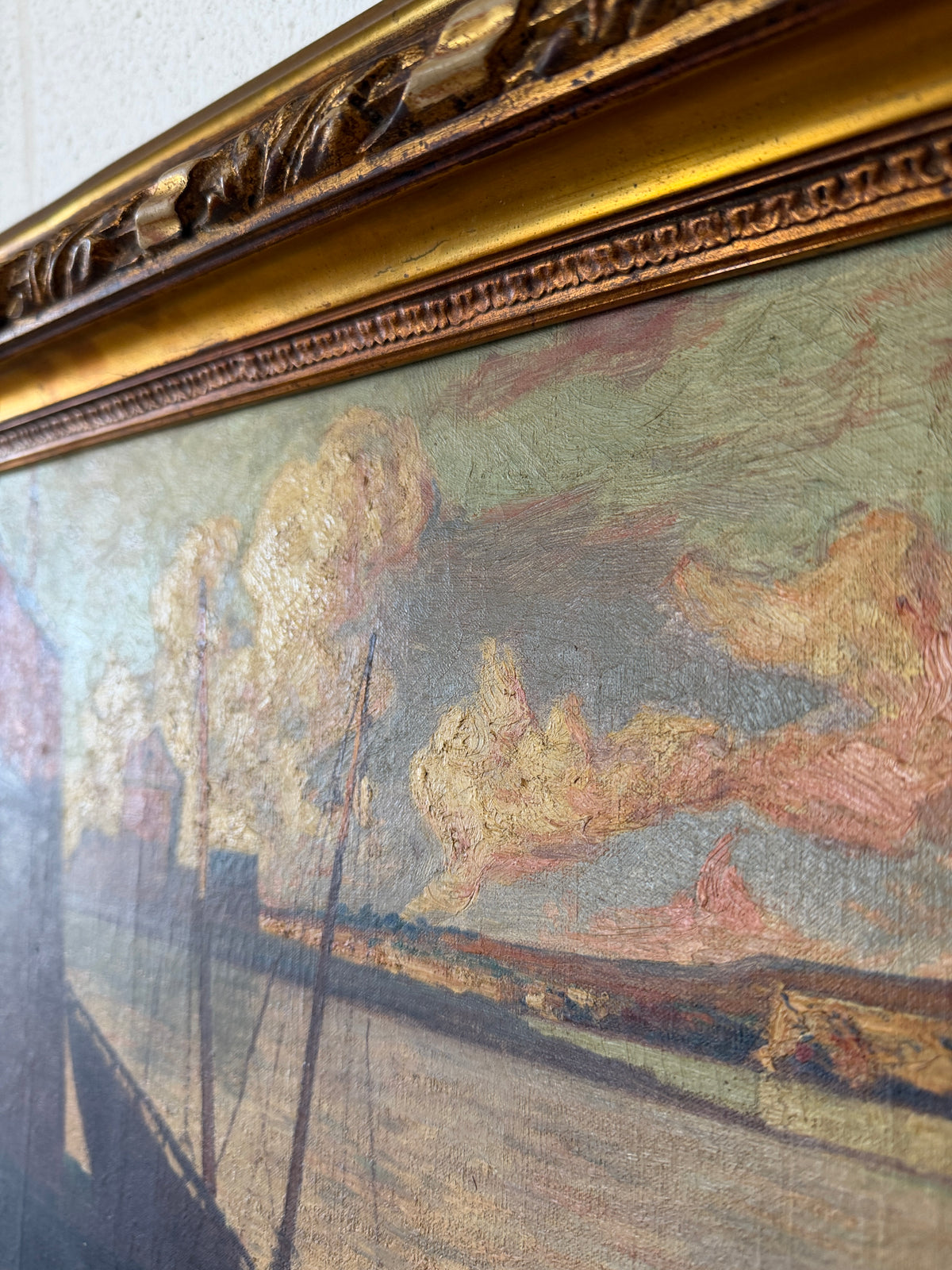 Antique European oil on canvas - ships at sunset