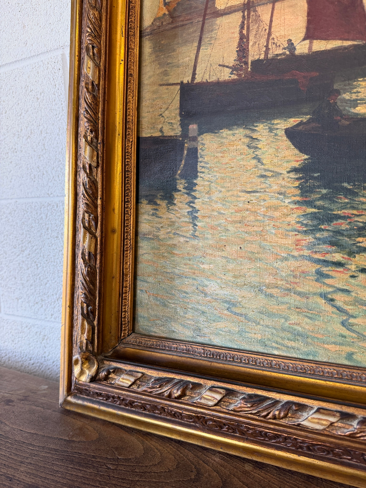 Antique European oil on canvas - ships at sunset
