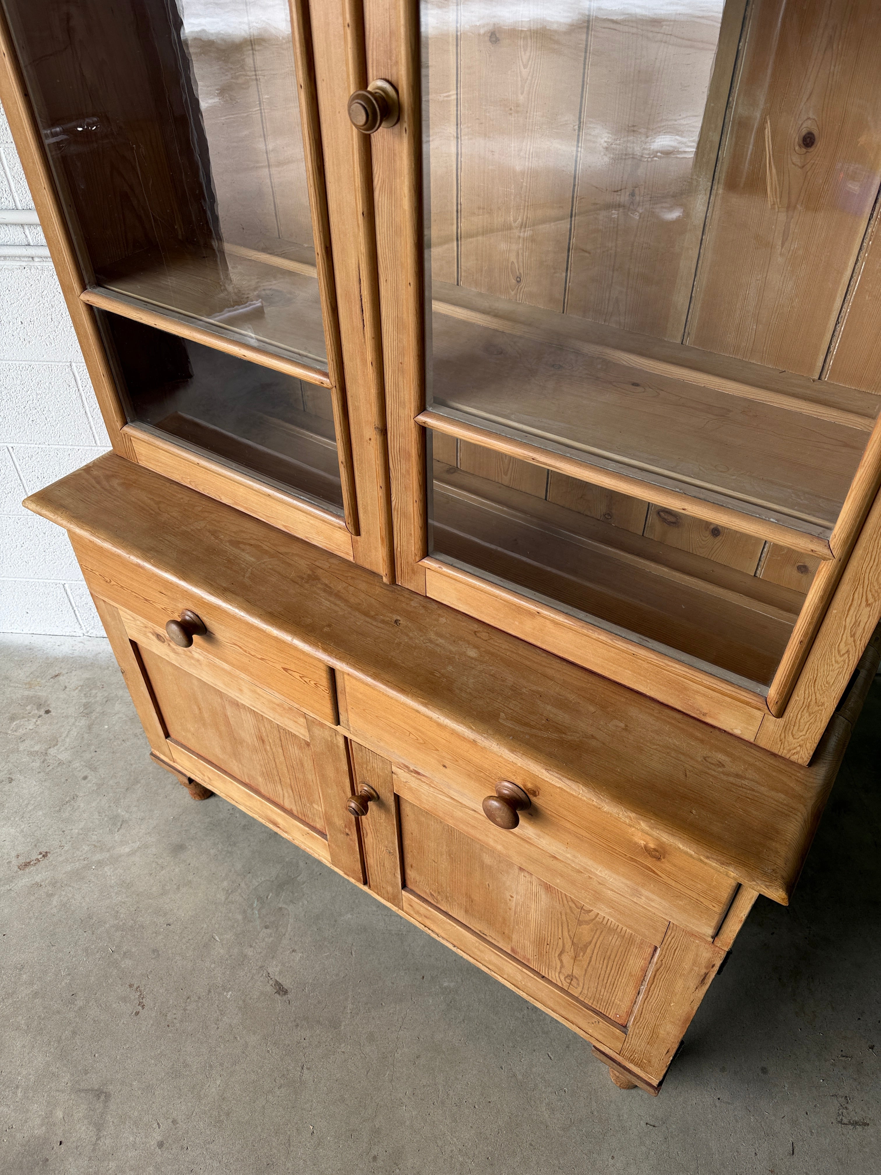 Beautiful antique pine cupboard with original glass