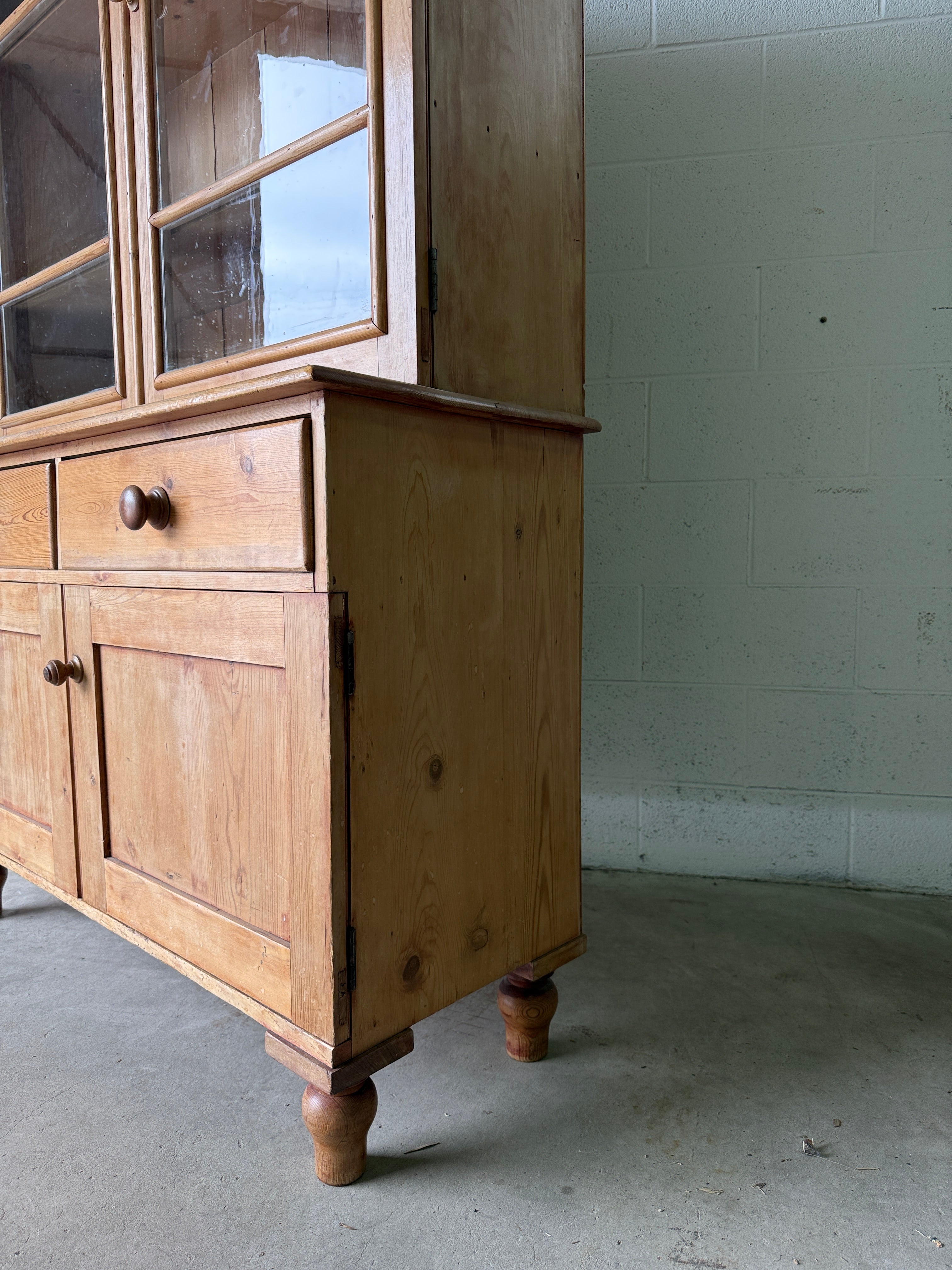 Beautiful antique pine cupboard with original glass